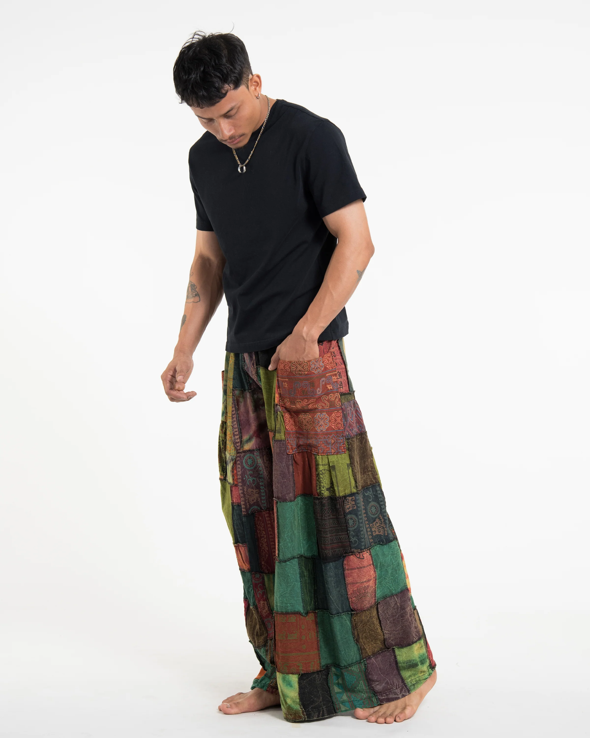 Men's Patchwork Stone Washed Wide Leg Cotton Pants in Dune - Image 3