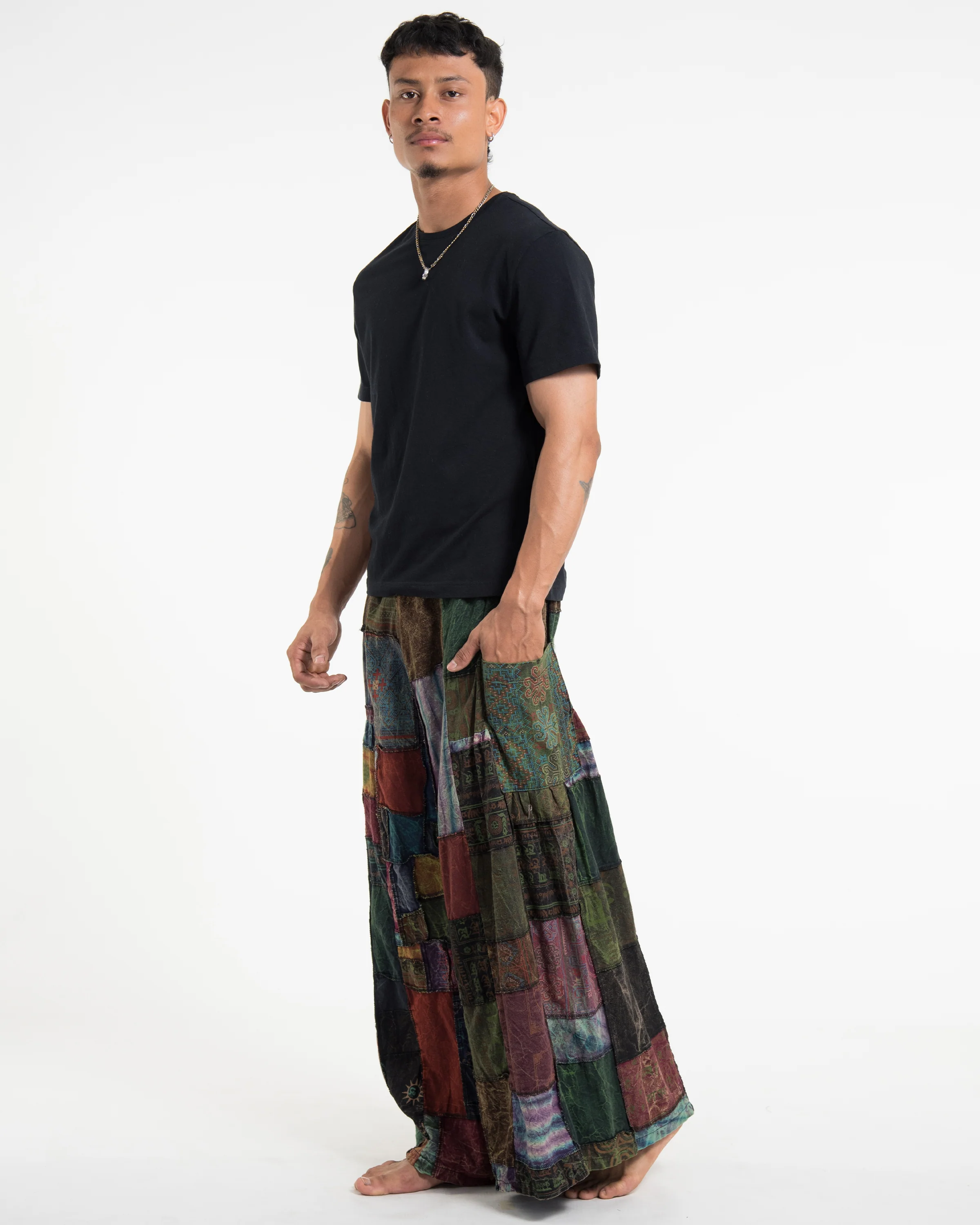 Men's Patchwork Stone Washed Wide Leg Cotton Pants in Dusk - Image 5