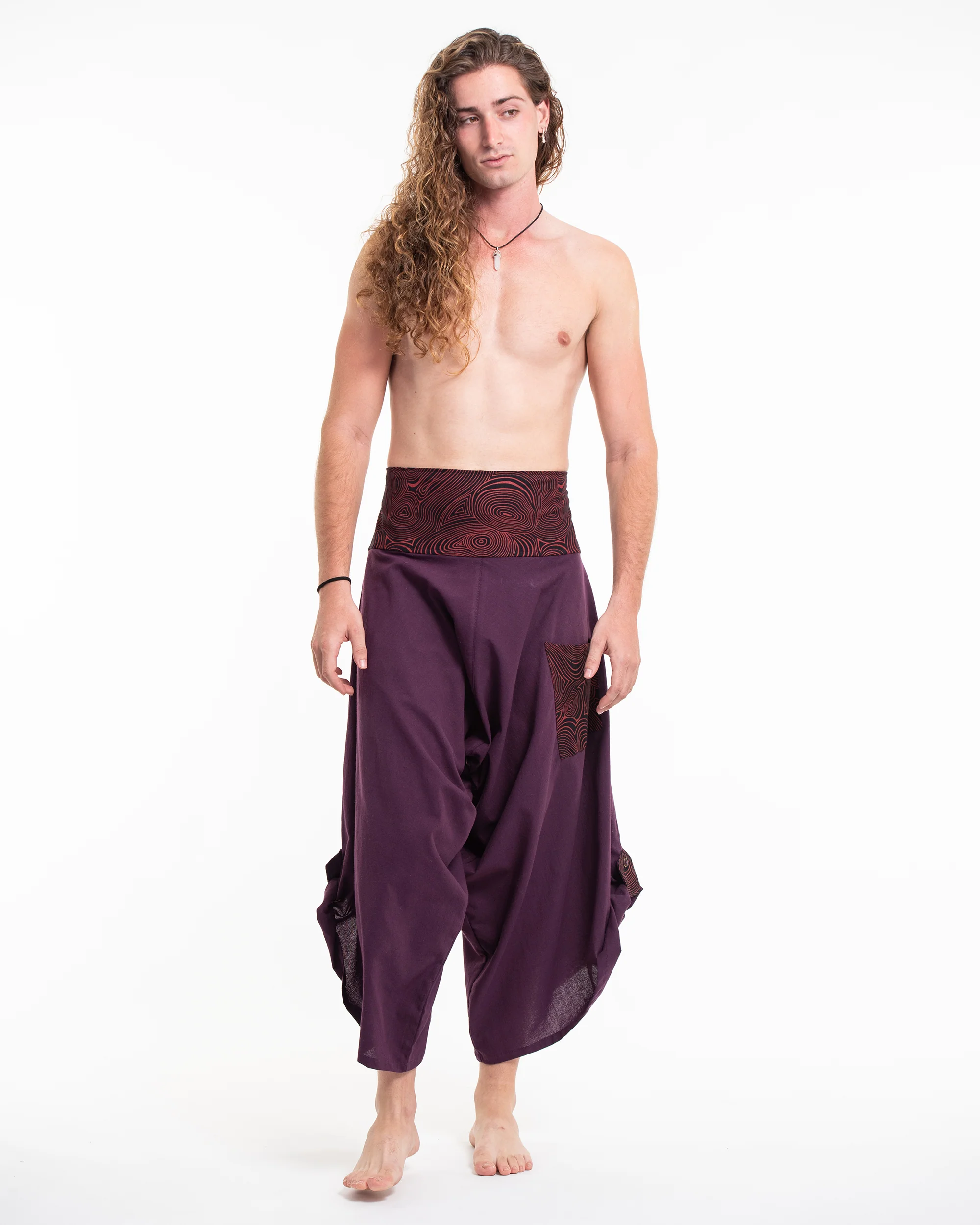 Men's Thai Button Up Cotton Pants with Hill Tribe Trim Purple - Image 4