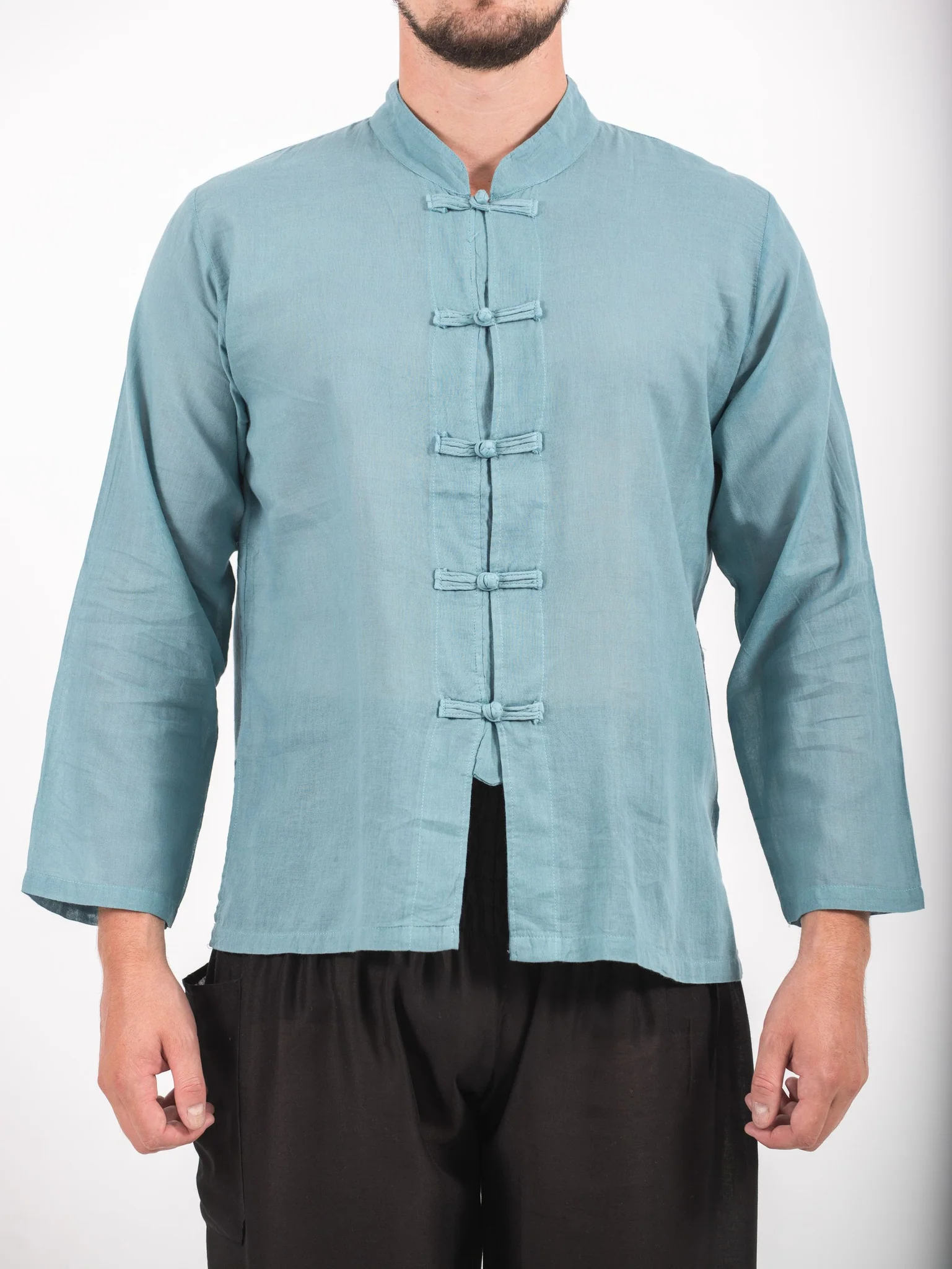 Mens Yoga Shirts Chinese Collared in Aqua - Image 2