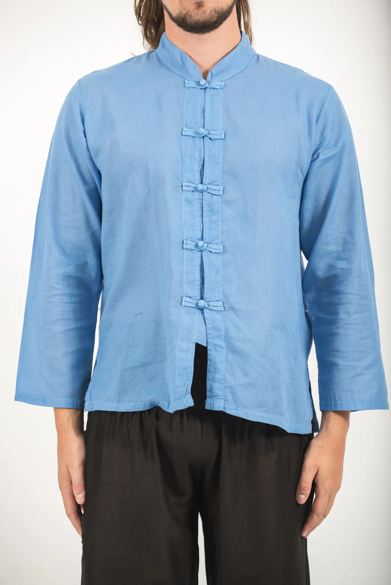 Mens Yoga Shirts Chinese Collared in Blue - Image 2