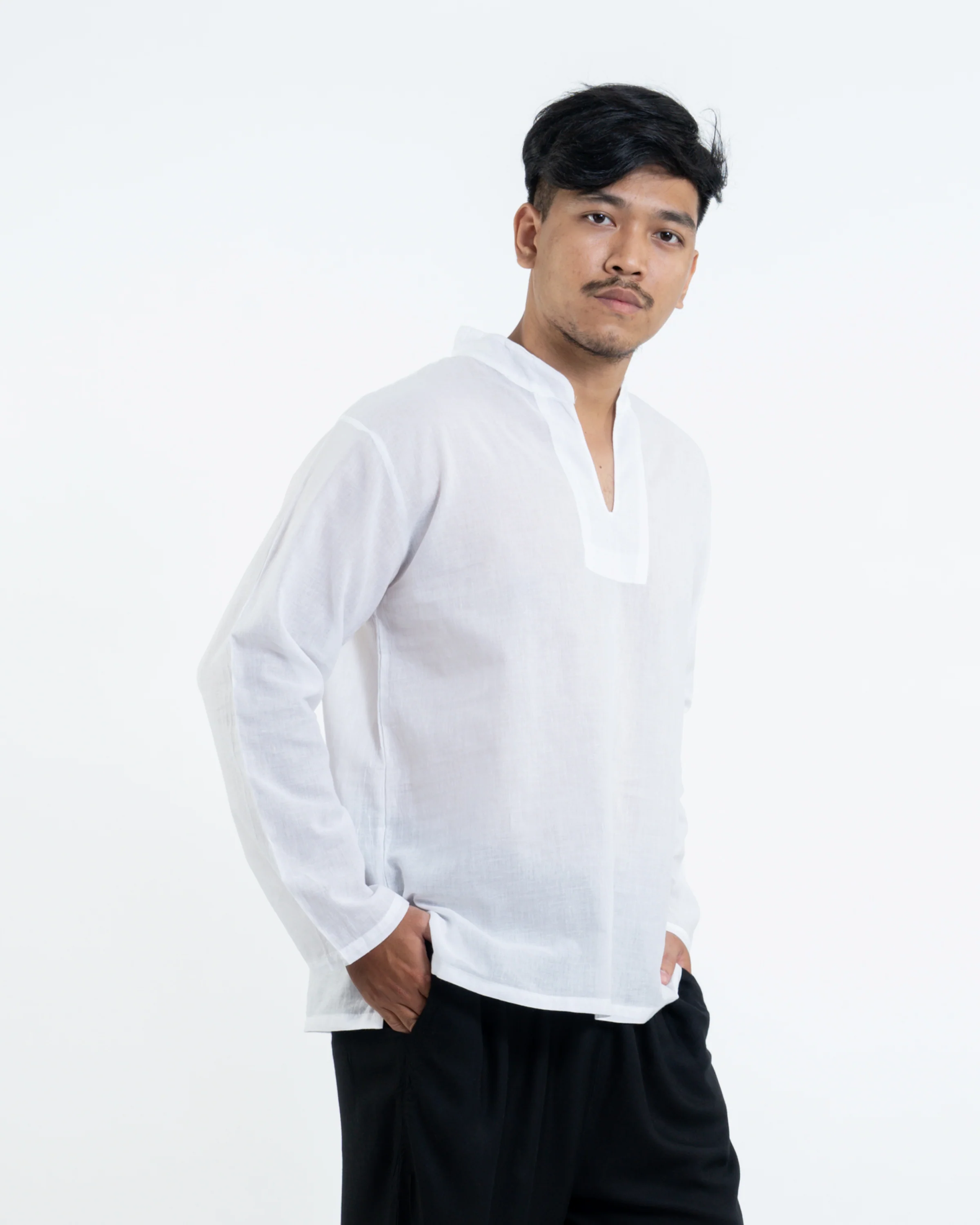 Mens Yoga Shirts Nehru Collared in White - Image 3