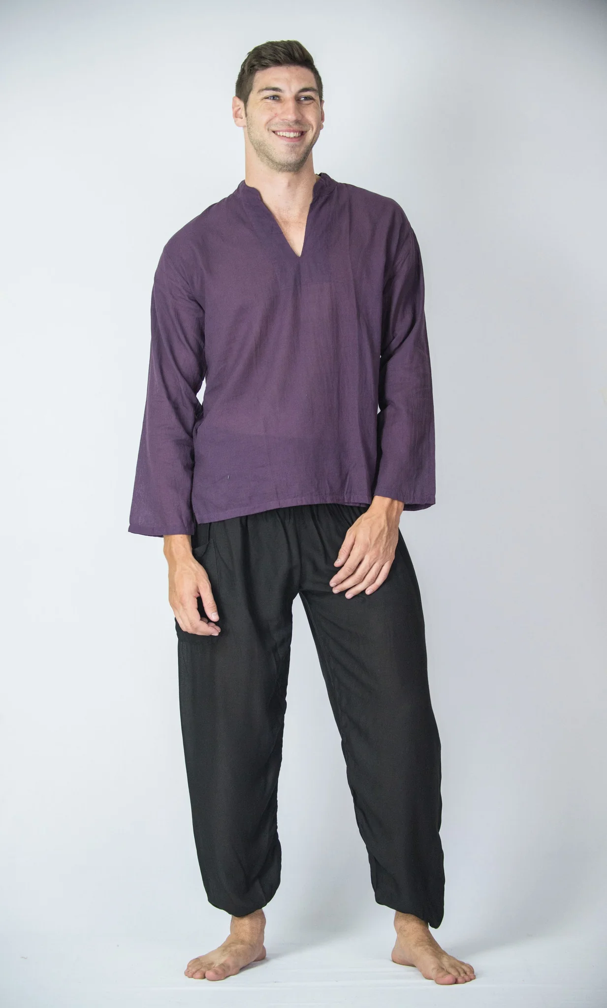 Mens Yoga Shirts Nehru Collared in Purple