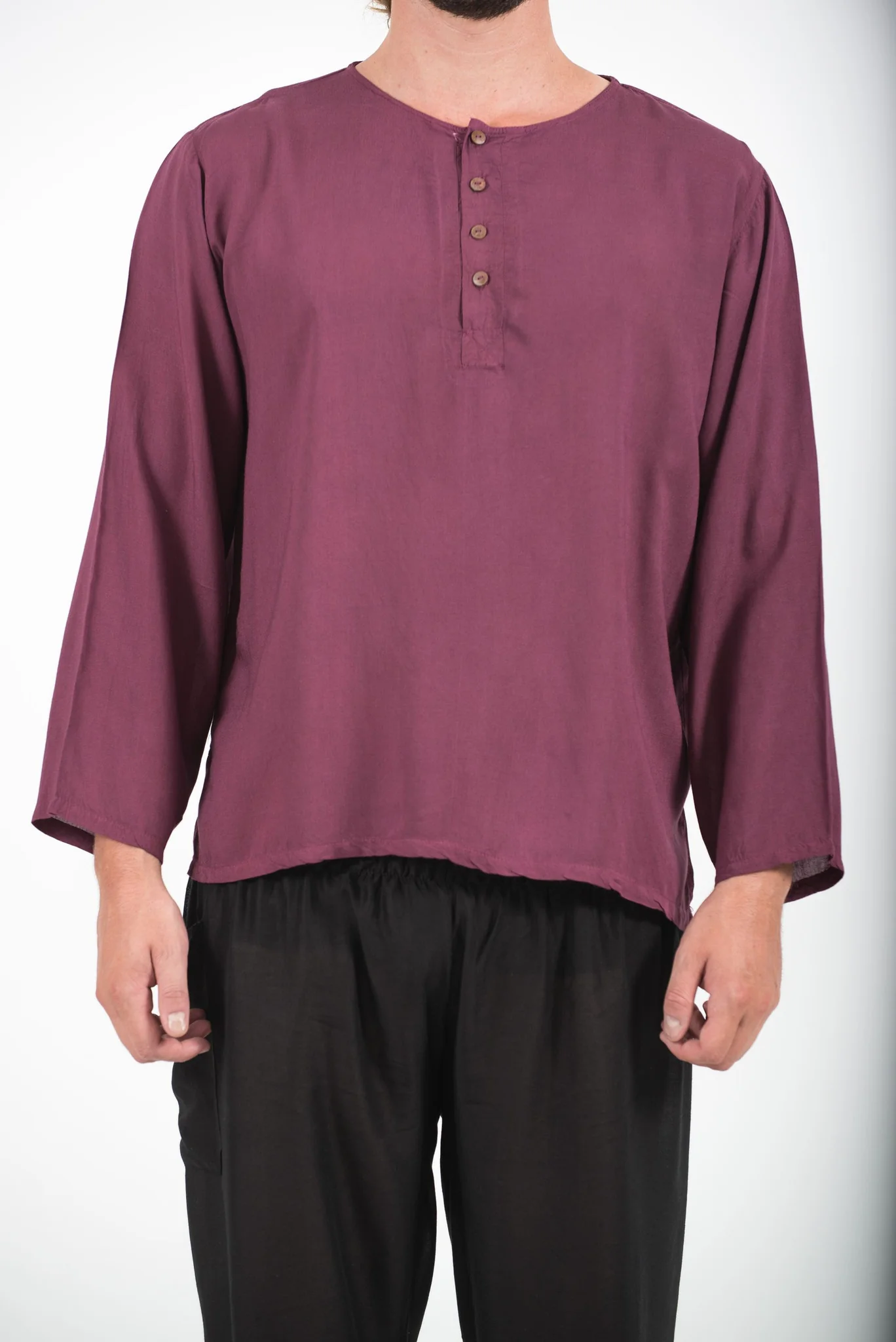 Mens Yoga Shirts No Collar with Coconut Buttons in Purple - Image 2
