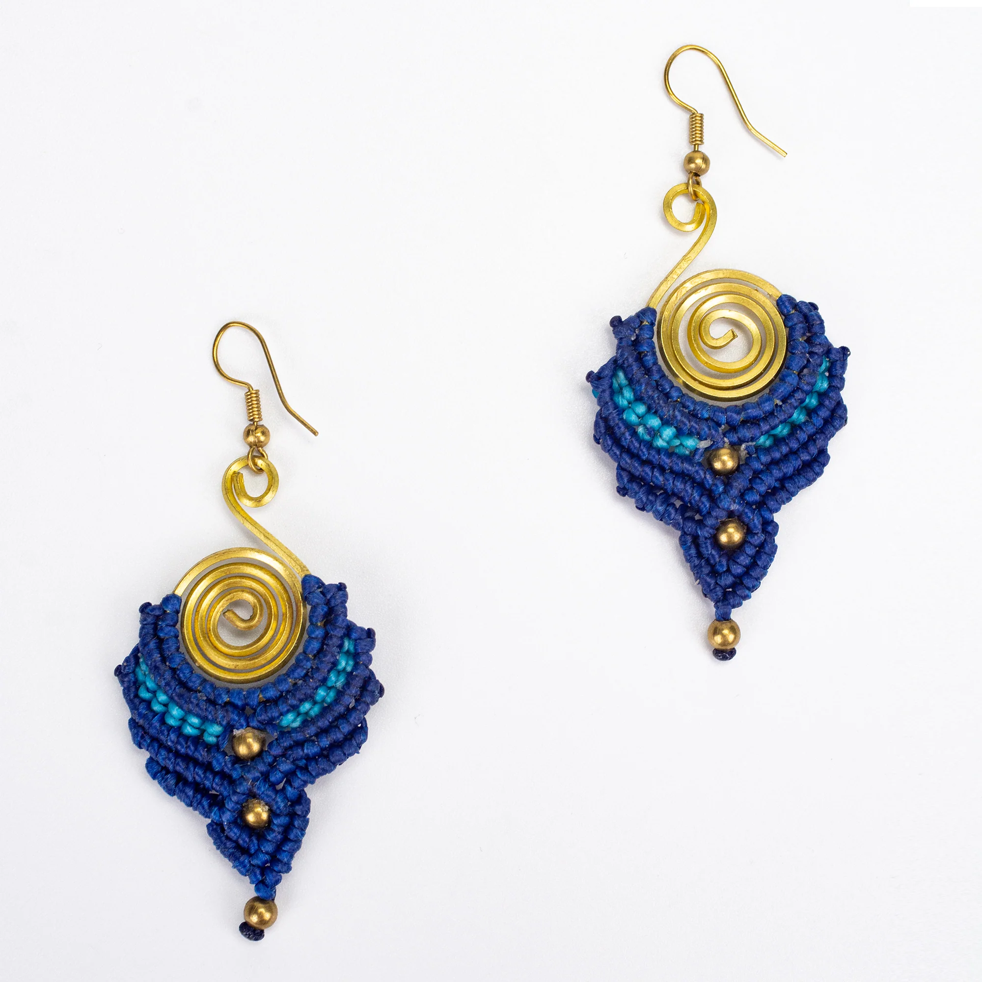 Navy Blue Waxed String Spiral Brass Earrings