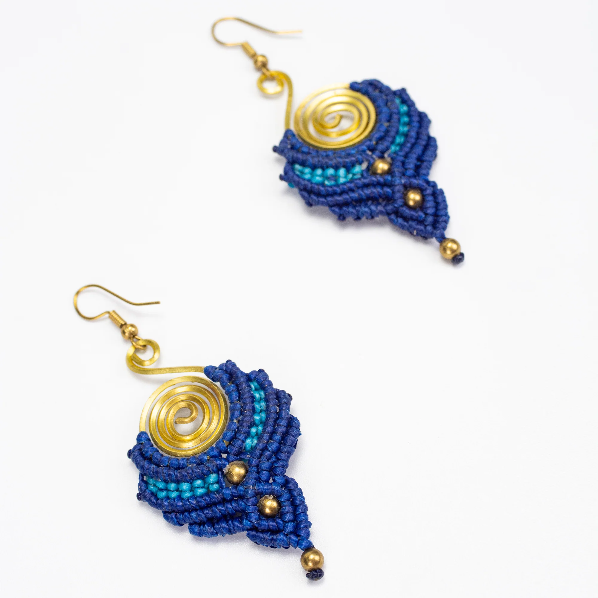 Navy Blue Waxed String Spiral Brass Earrings - Image 2