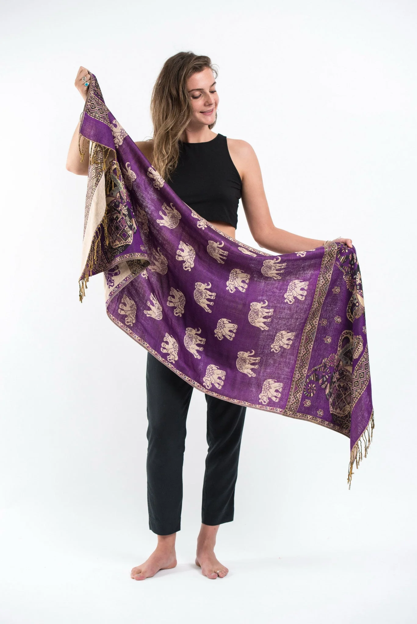 Nepal Elephant Pashmina Shawl Scarf in Purple - Image 2