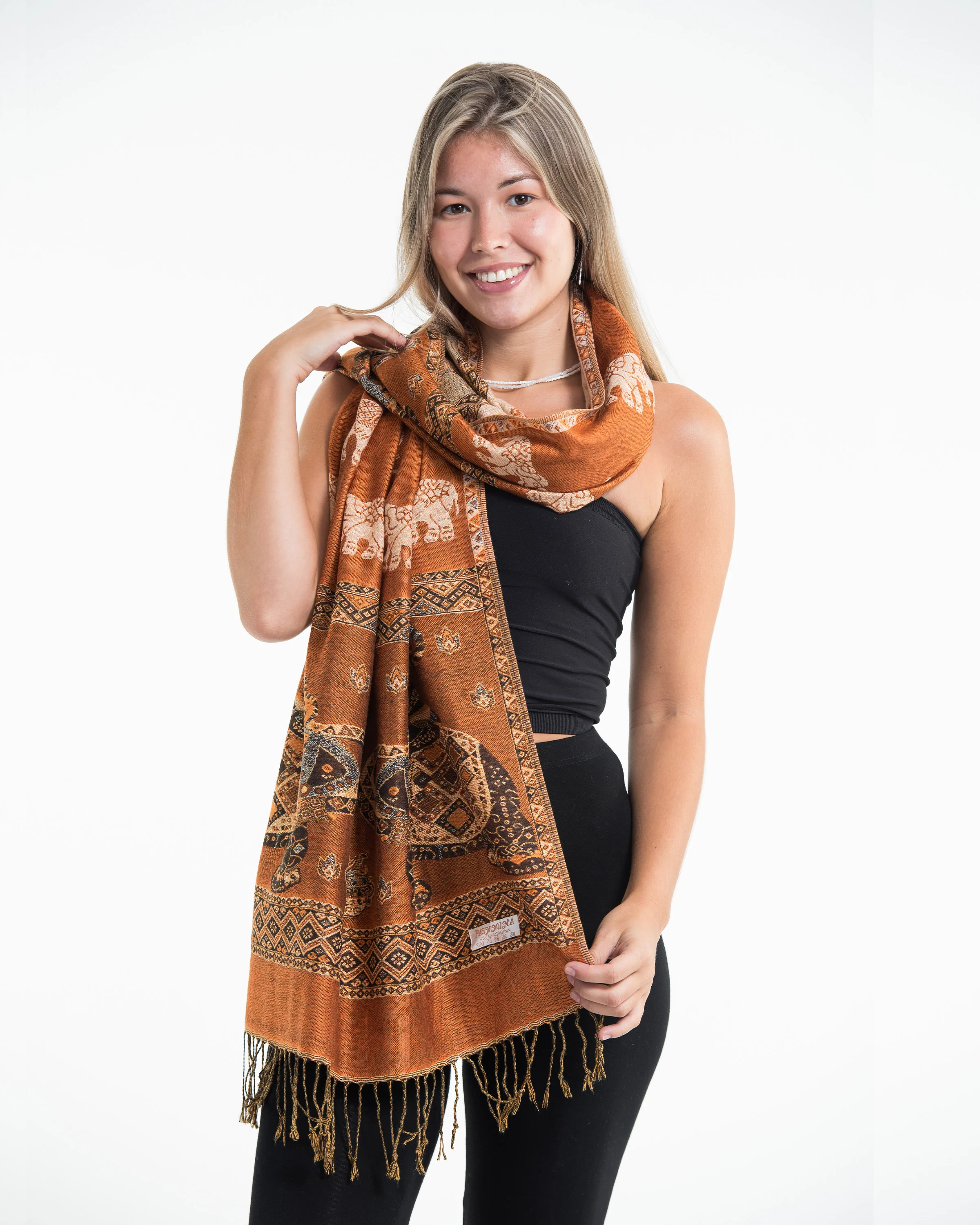 Nepal Elephant Pashmina Shawl Scarf in Rust - Image 2