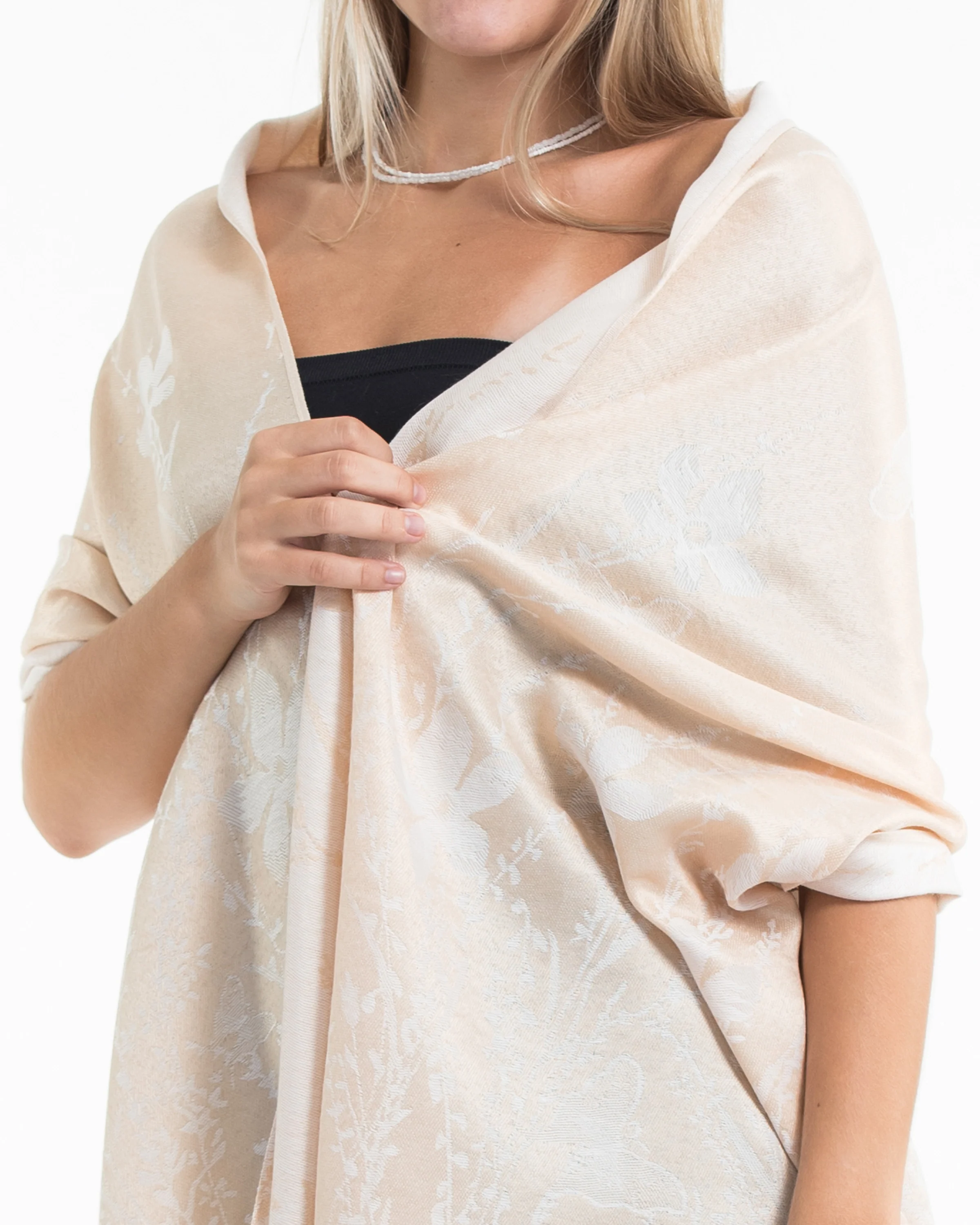 Nepal Floral Butterfly Pashmina Shawl Scarf in Cream - Image 4