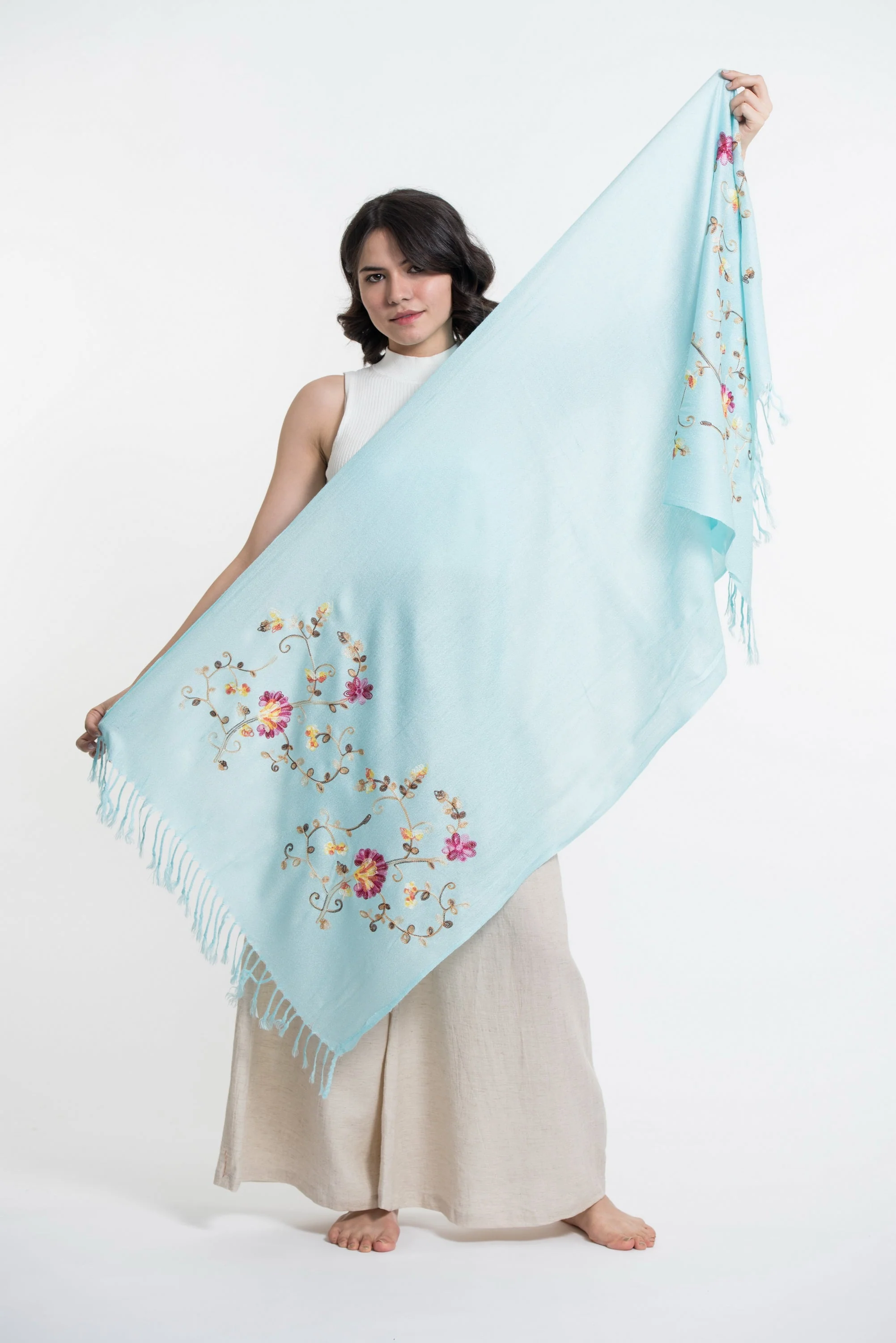 Nepal Floral Embroidered Pashmina Shawl Scarf in Blue - Image 2