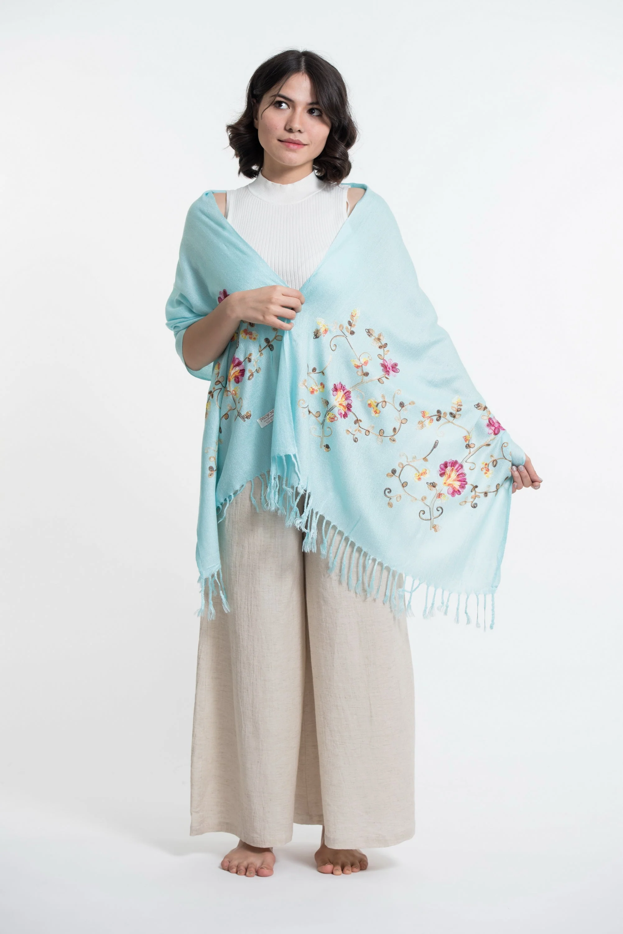 Nepal Floral Embroidered Pashmina Shawl Scarf in Blue - Image 3