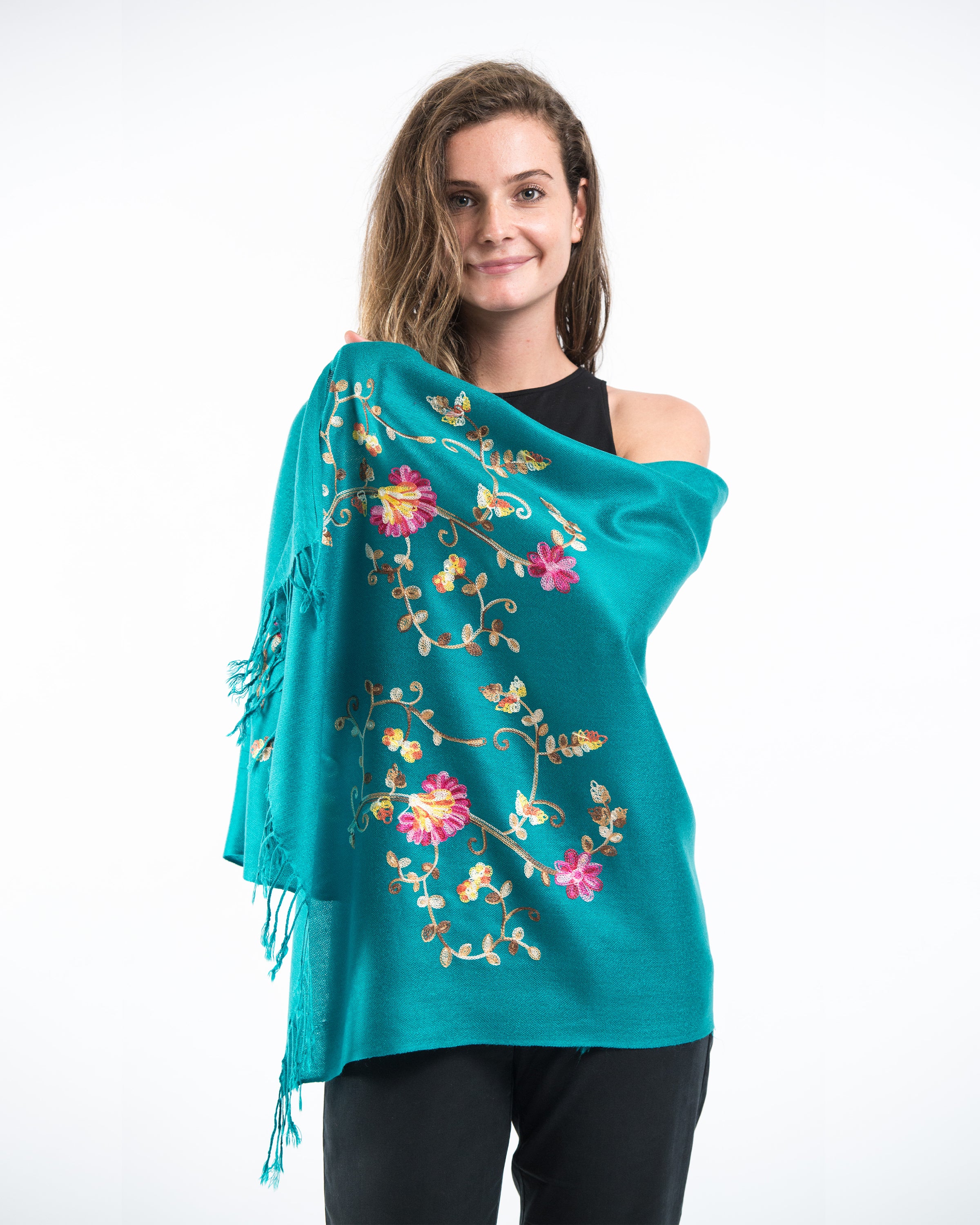 Nepal Floral Embroidered Pashmina Shawl Scarf in Turquoise - Image 3