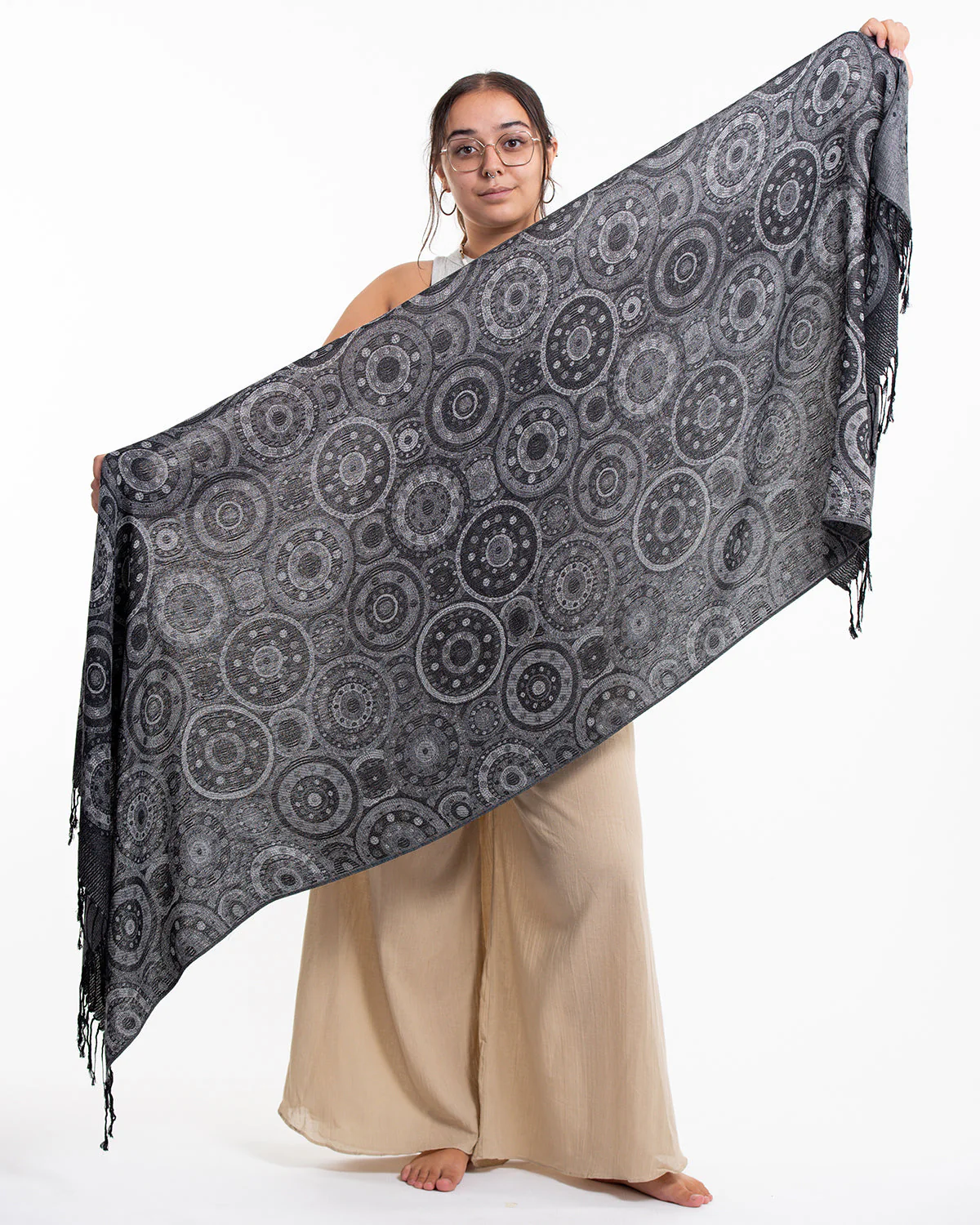 Nepal Mandalas Pashmina Shawl Scarf in Black - Image 5
