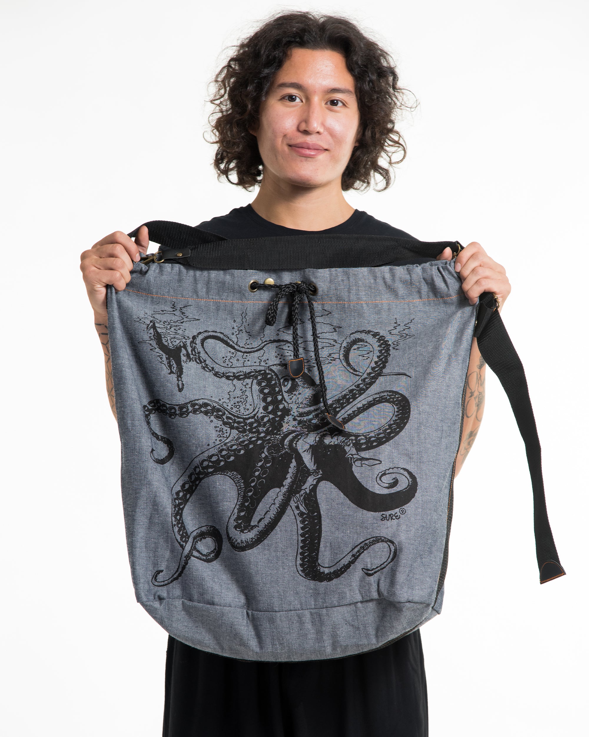 Octopus Denim Drawstring Tote Bag - Image 2