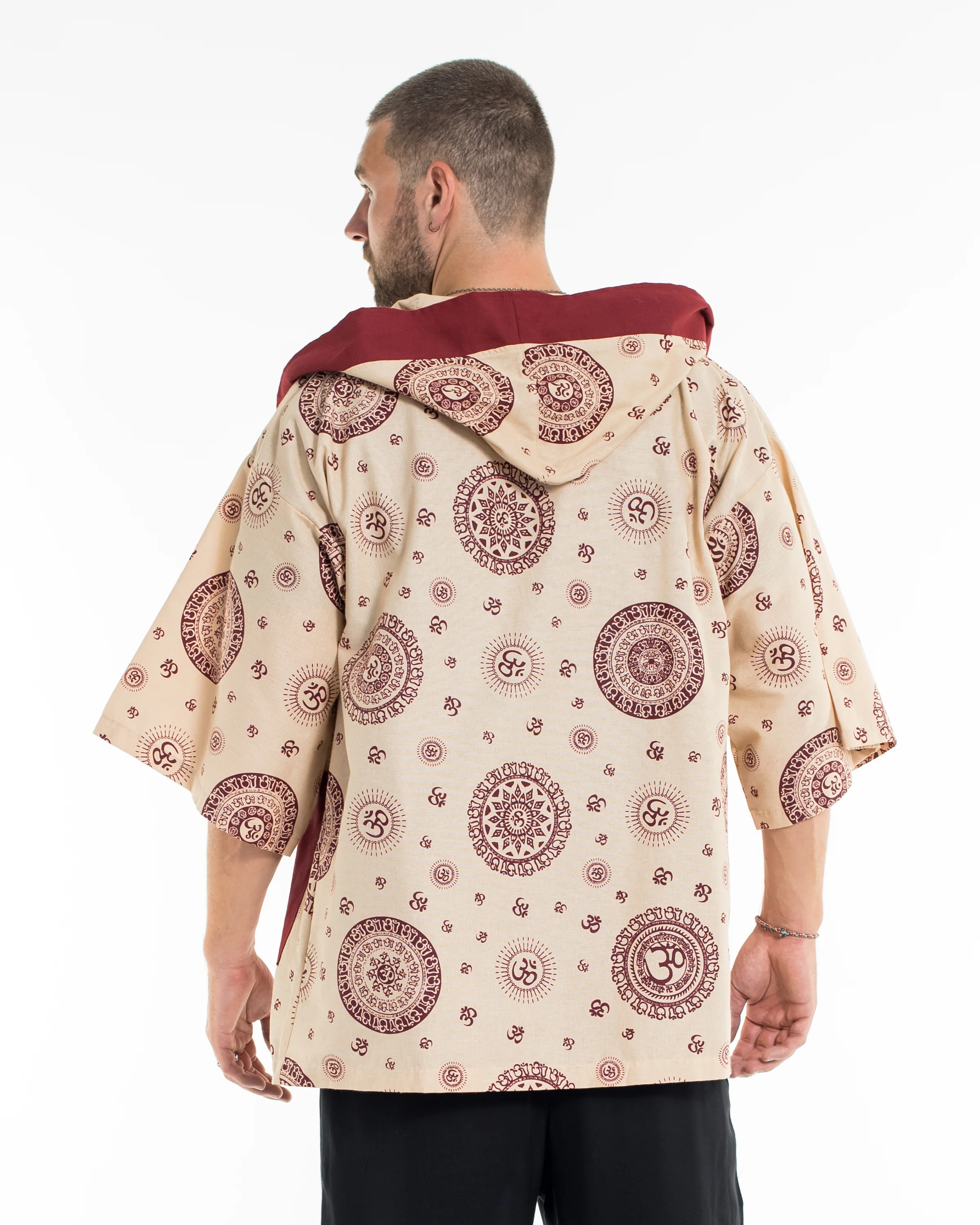 Ohm Print Cotton Hoodie Kimono Cardigan in Red - Image 2