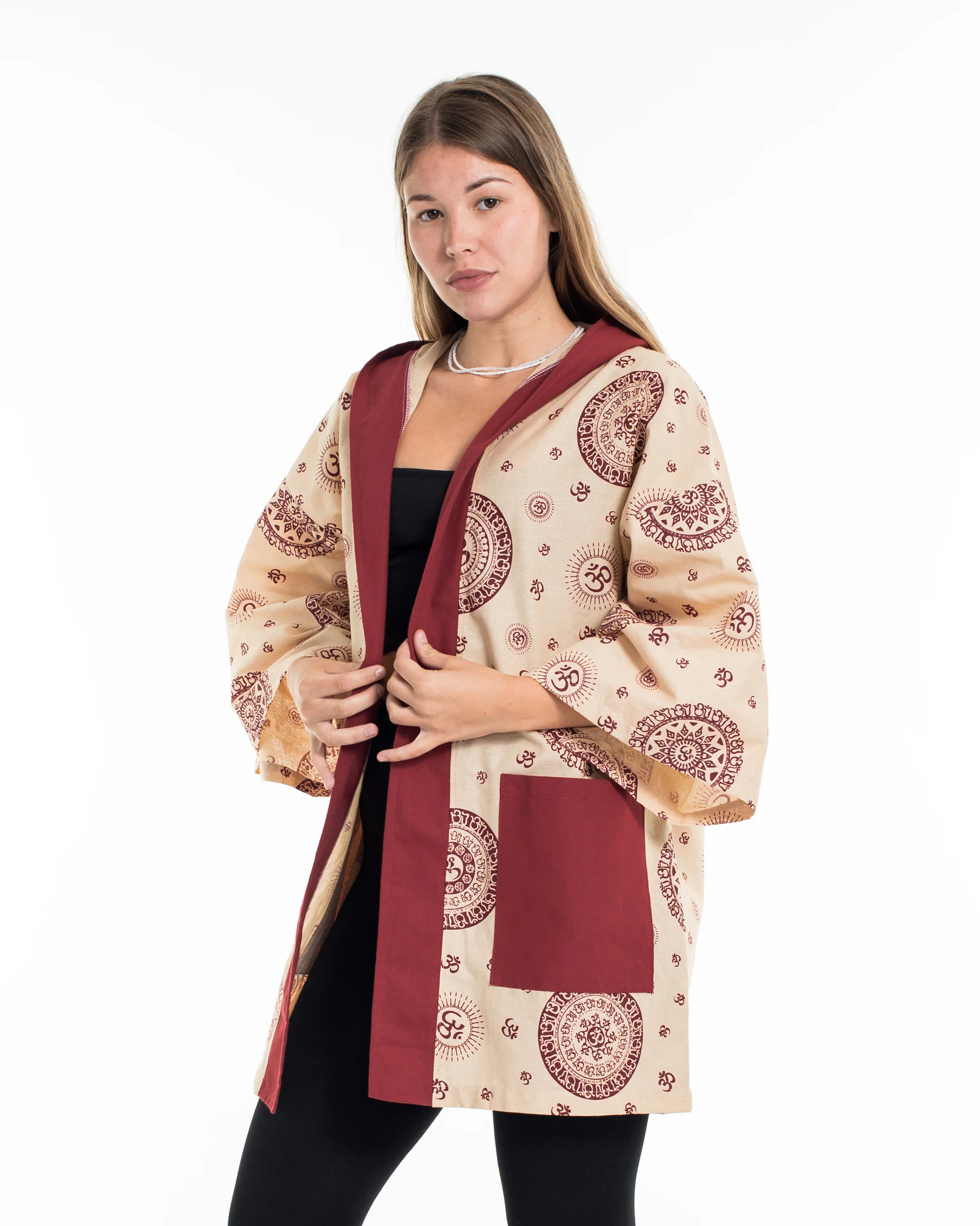 Ohm Print Cotton Hoodie Kimono Cardigan in Red - Image 3