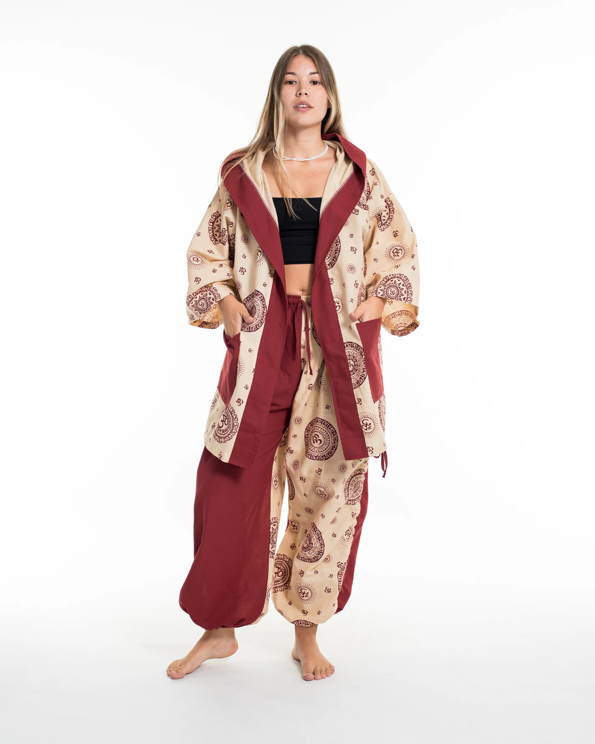 Ohm Print Cotton Hoodie Kimono Cardigan in Red - Image 4