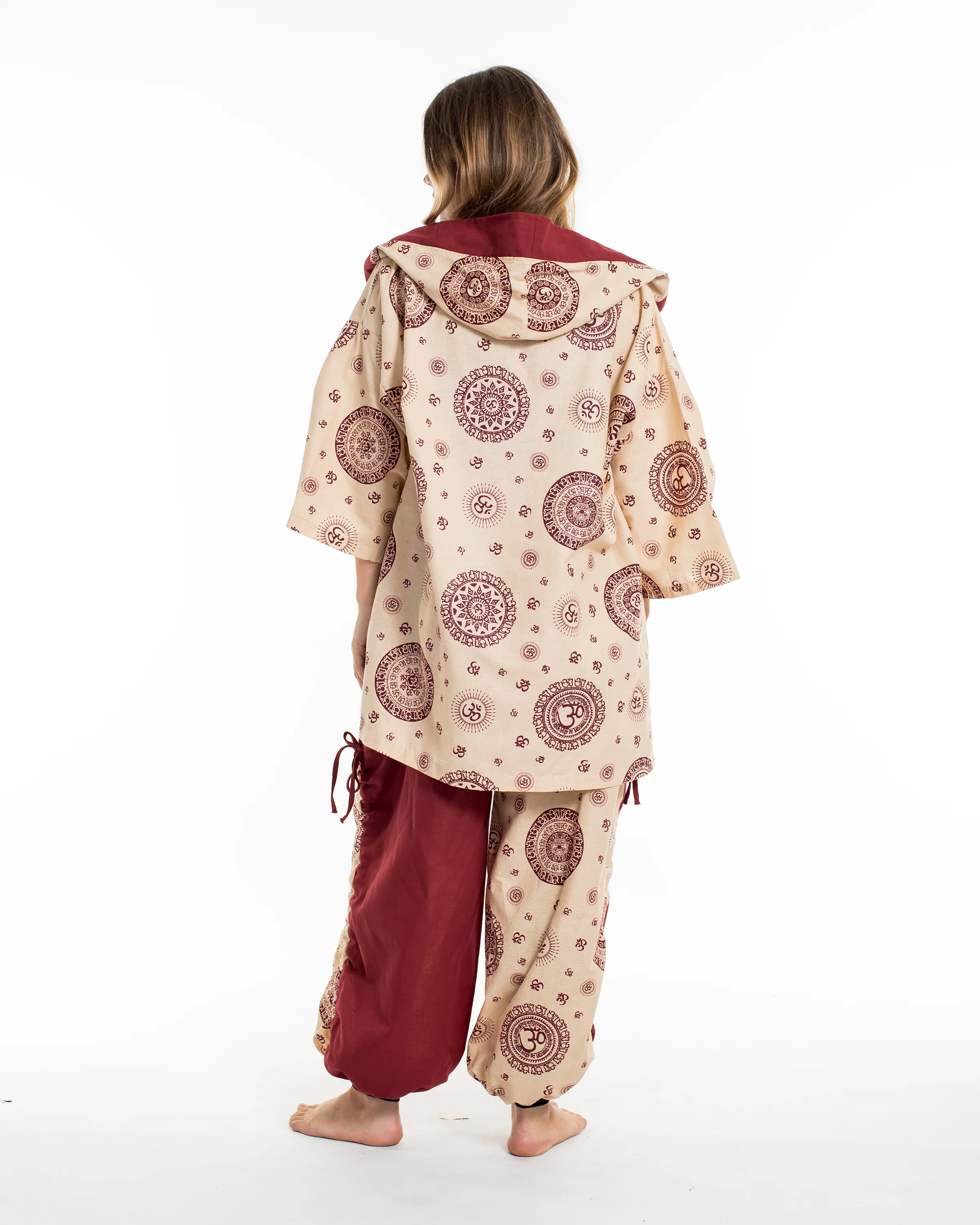 Ohm Print Cotton Hoodie Kimono Cardigan in Red - Image 5