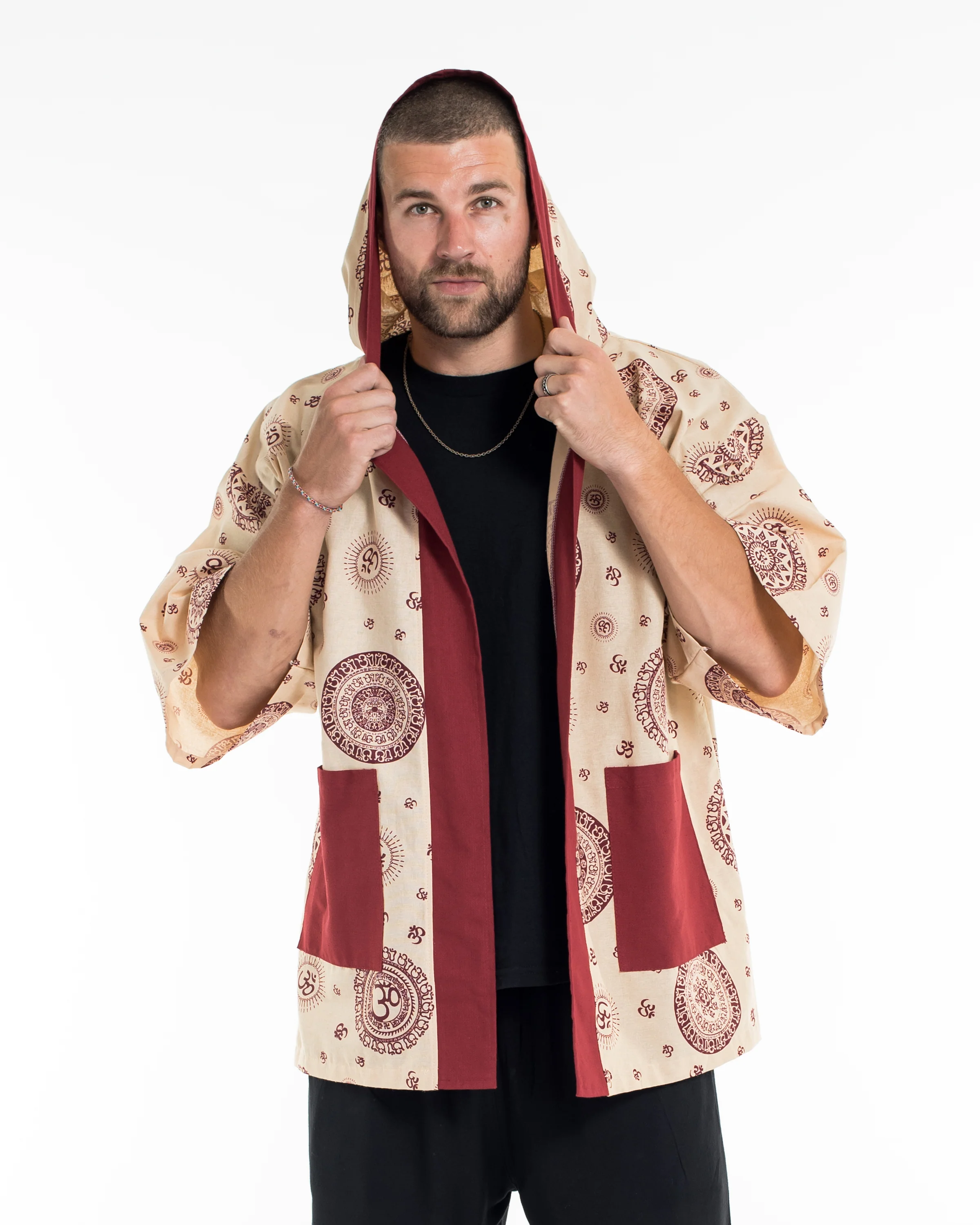 Ohm Print Cotton Hoodie Kimono Cardigan in Red - Image 6