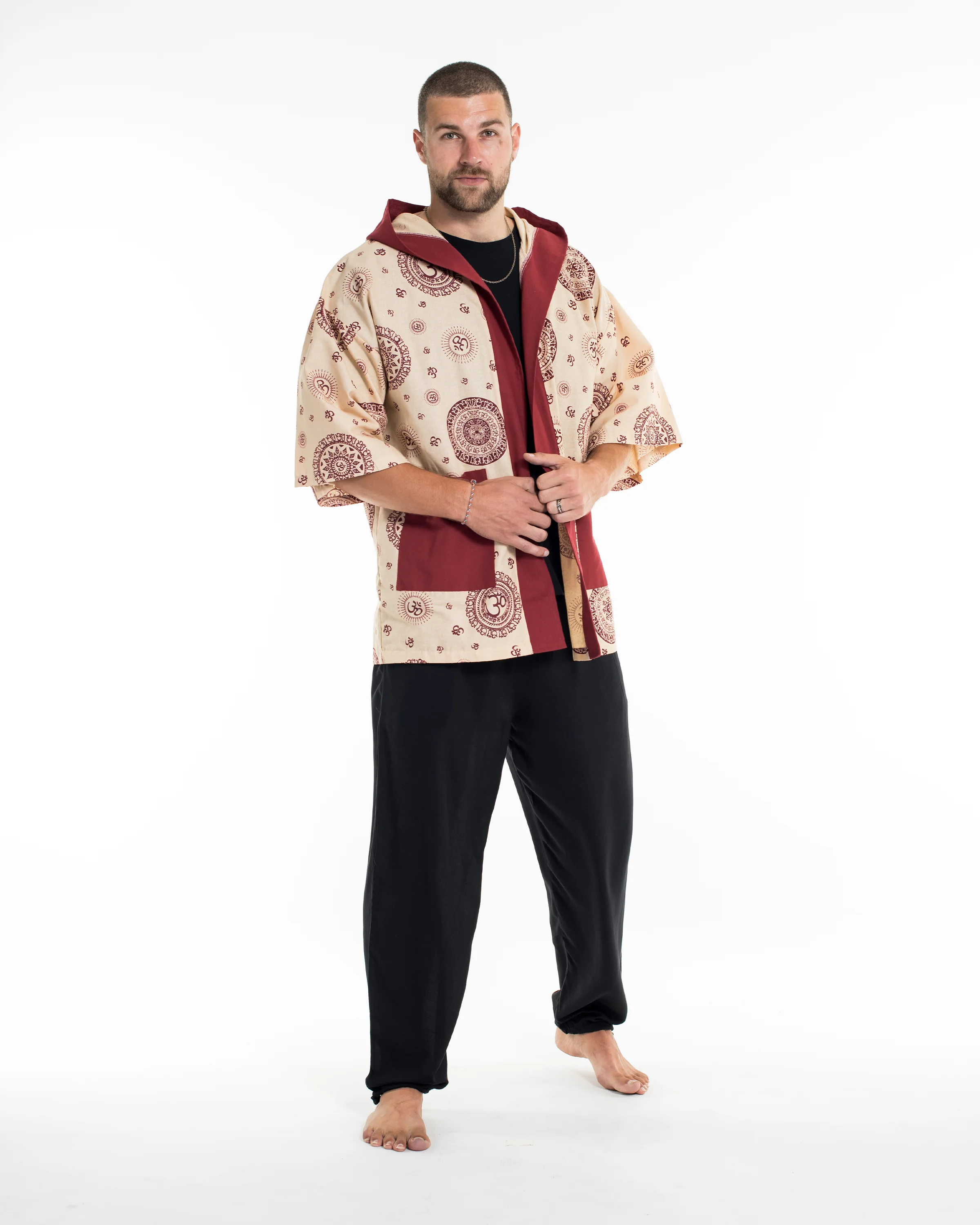 Ohm Print Cotton Hoodie Kimono Cardigan in Red - Image 7