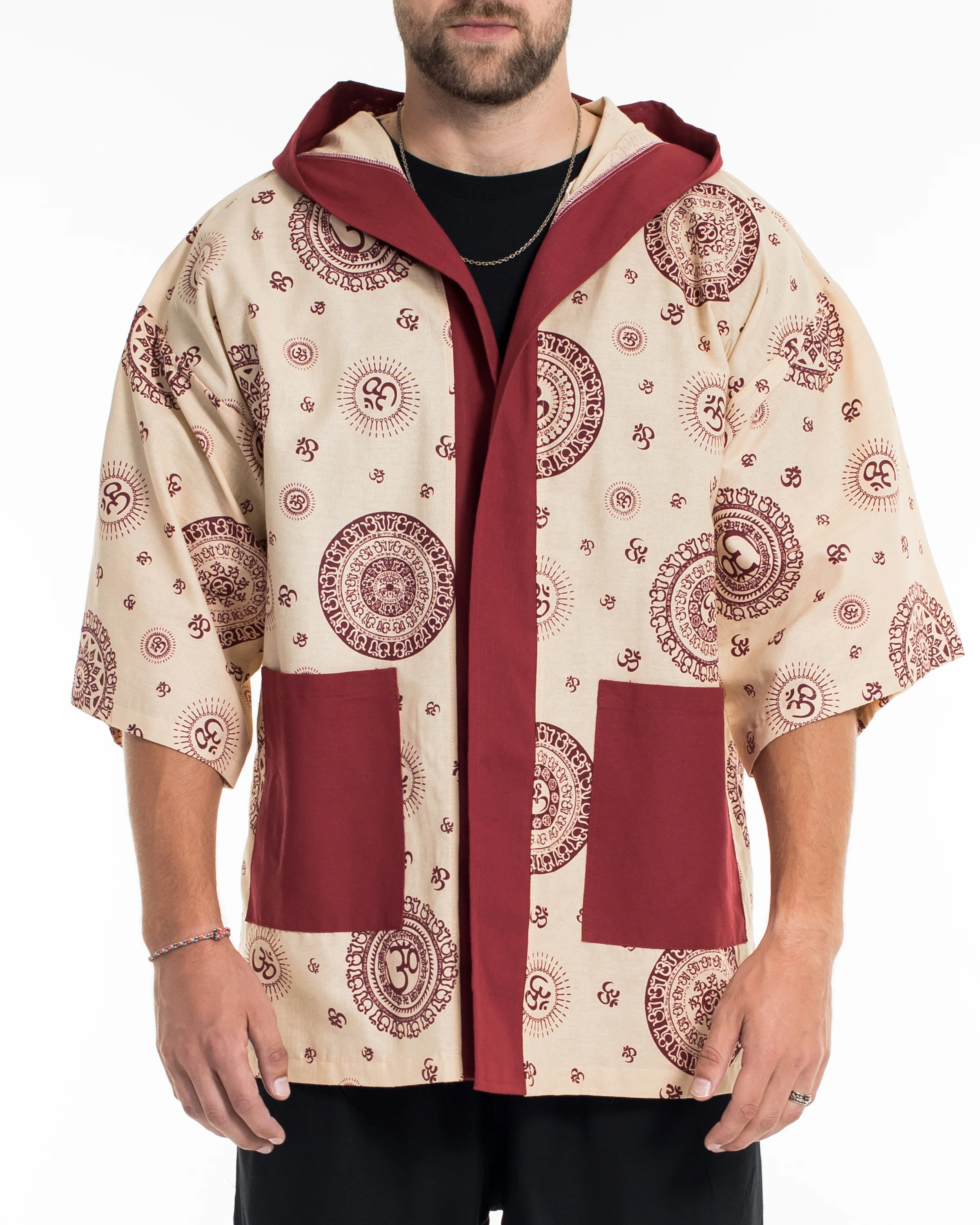 Ohm Print Cotton Hoodie Kimono Cardigan in Red - Image 8