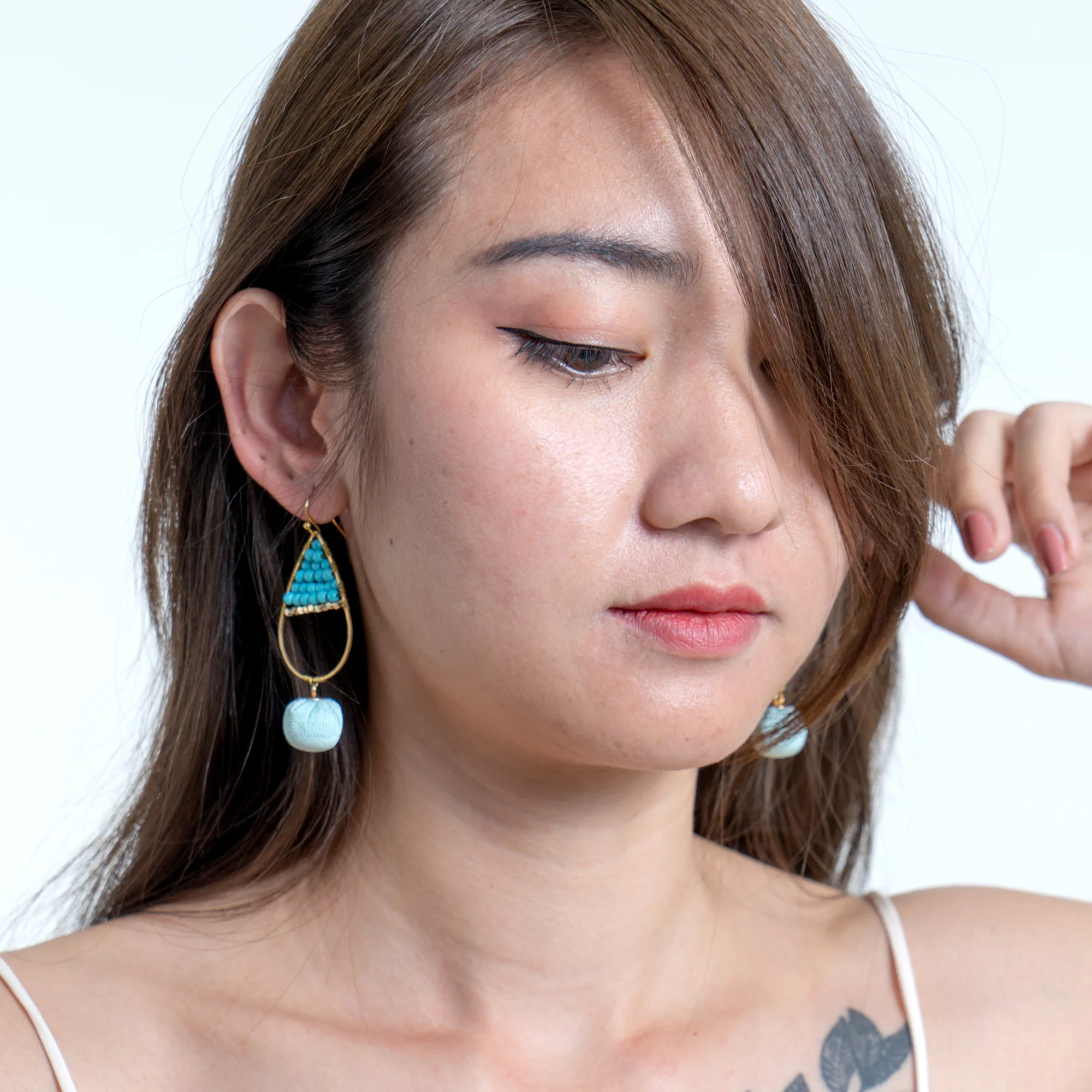Oval Beaded Fabric Ball Earrings in Blue - Image 2