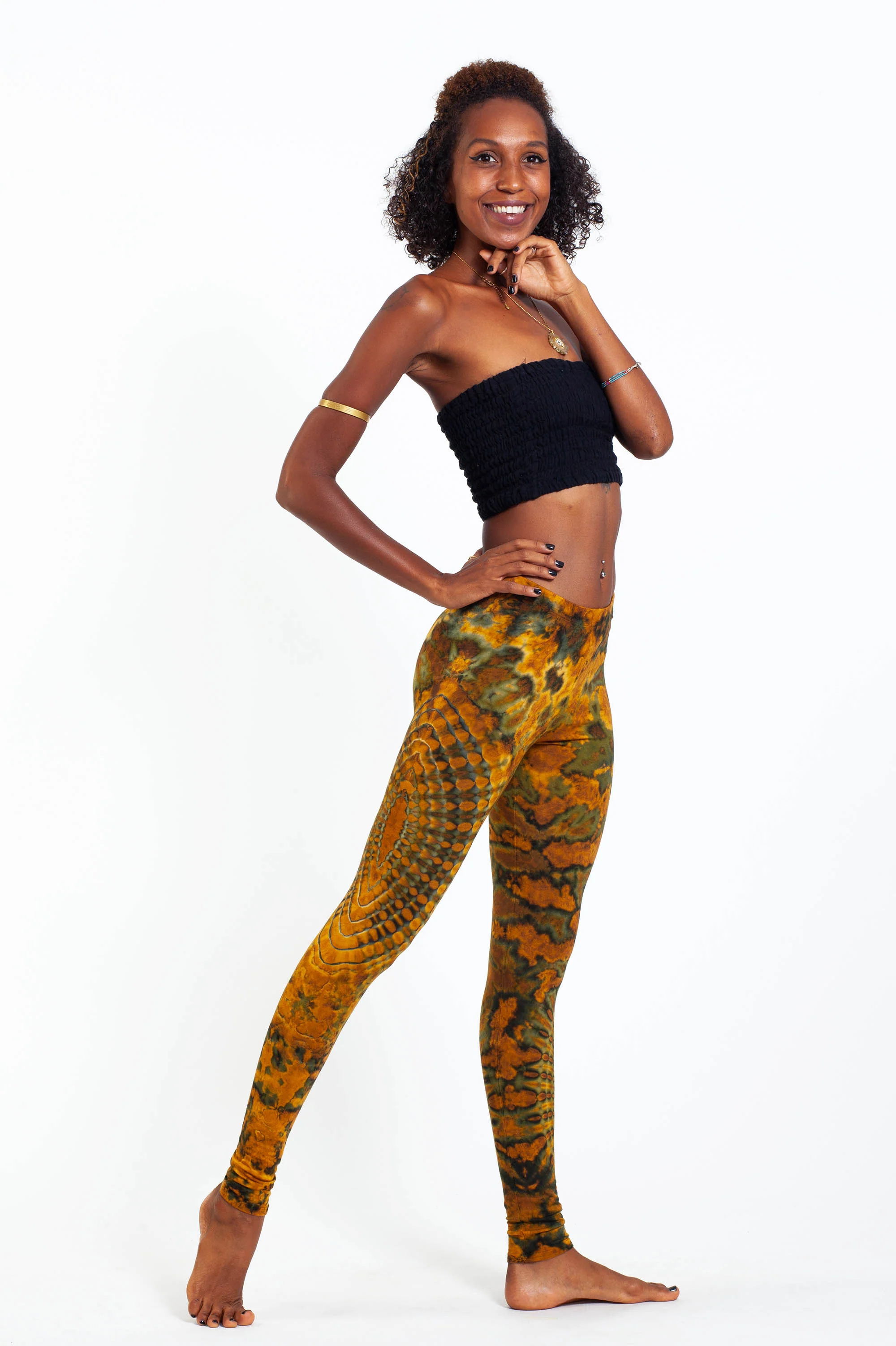 Oval Swirls Tie Dye Cotton Leggings in Yellow Gold - Image 3