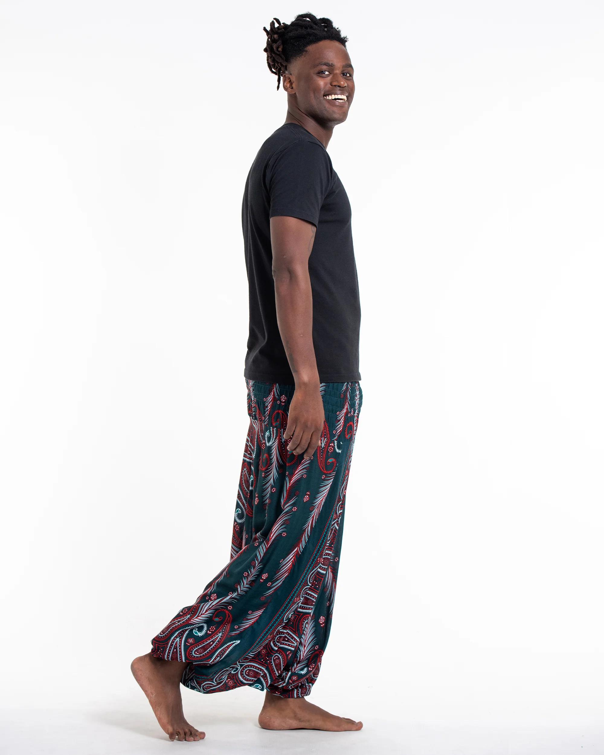 Paisley Feathers Drop Crotch Men's Harem Pants in Green - Image 3
