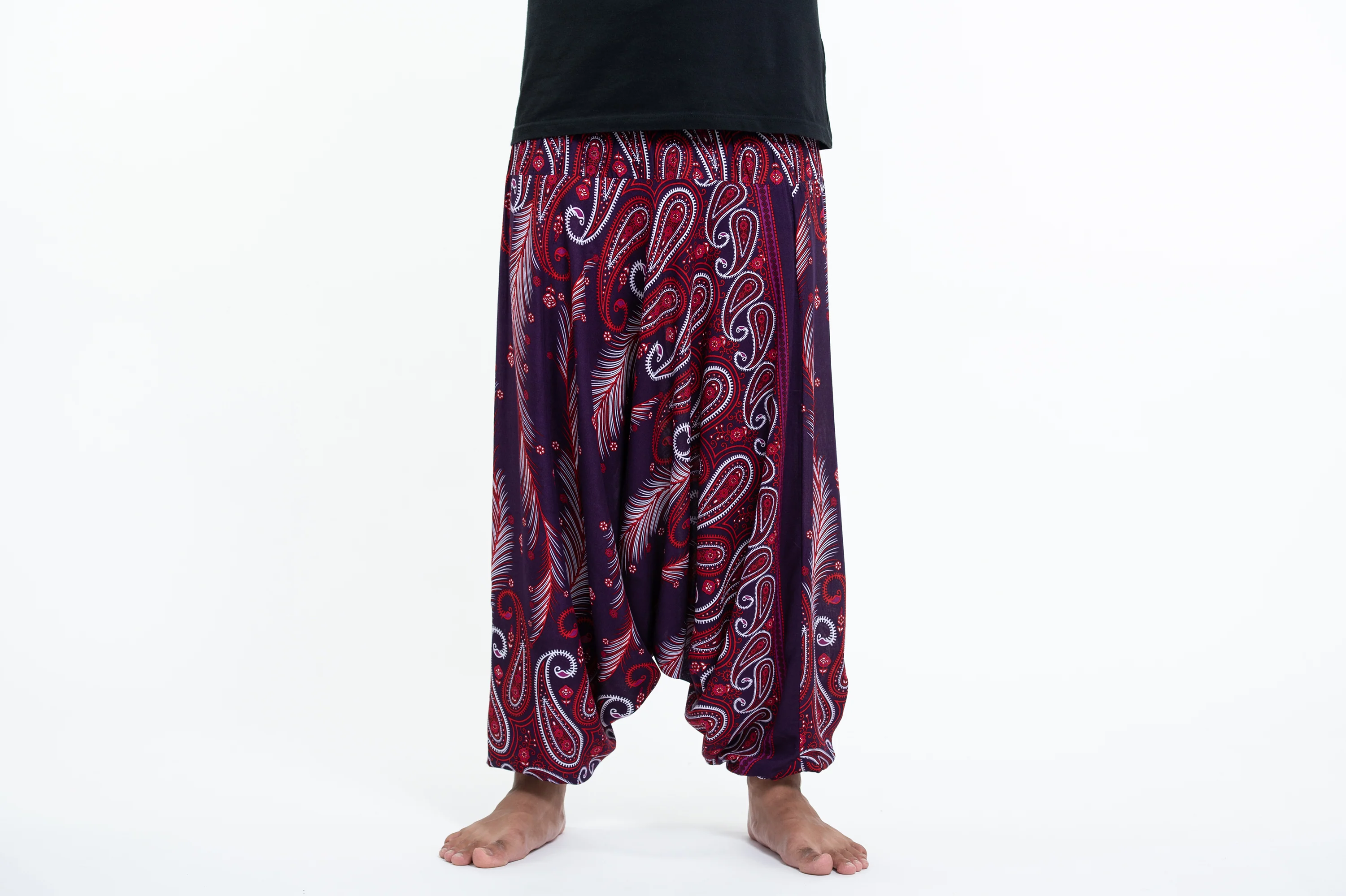 Paisley Feathers Drop Crotch Men's Harem Pants in Purple - Image 2
