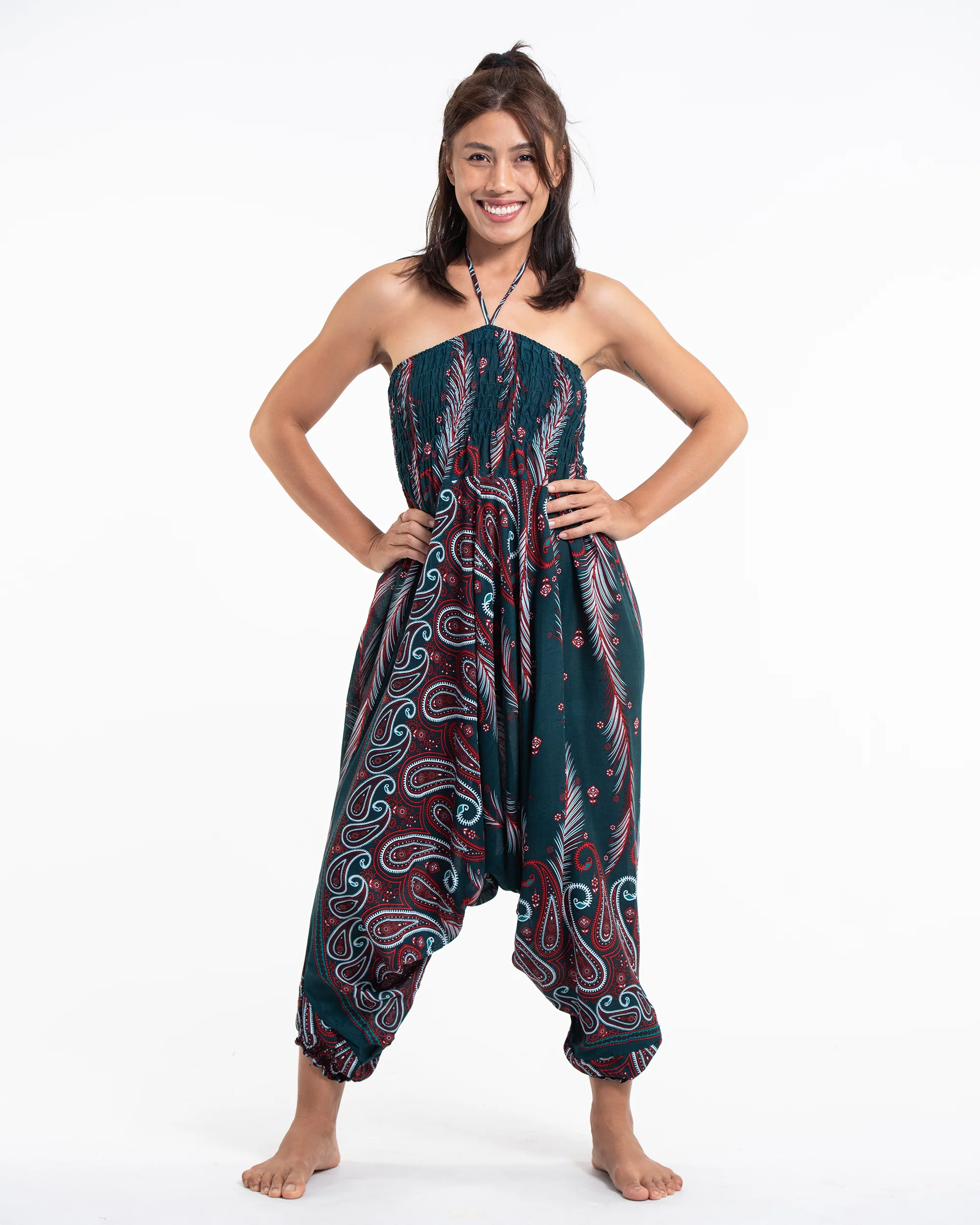 Paisley Feathers 2-in-1 Jumpsuit Harem Pants in Green - Image 5