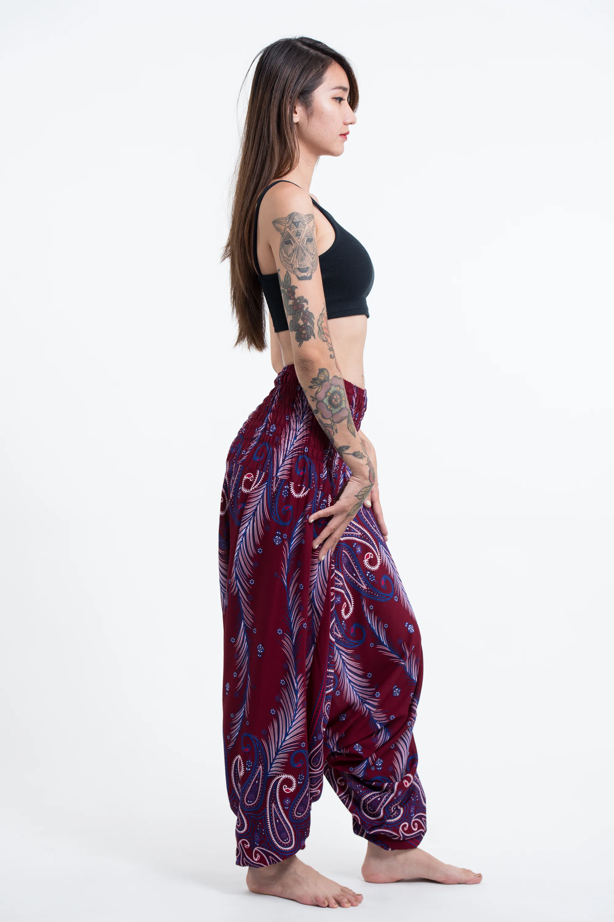 Paisley Feathers 2-in-1 Jumpsuit Harem Pants in Red - Image 4