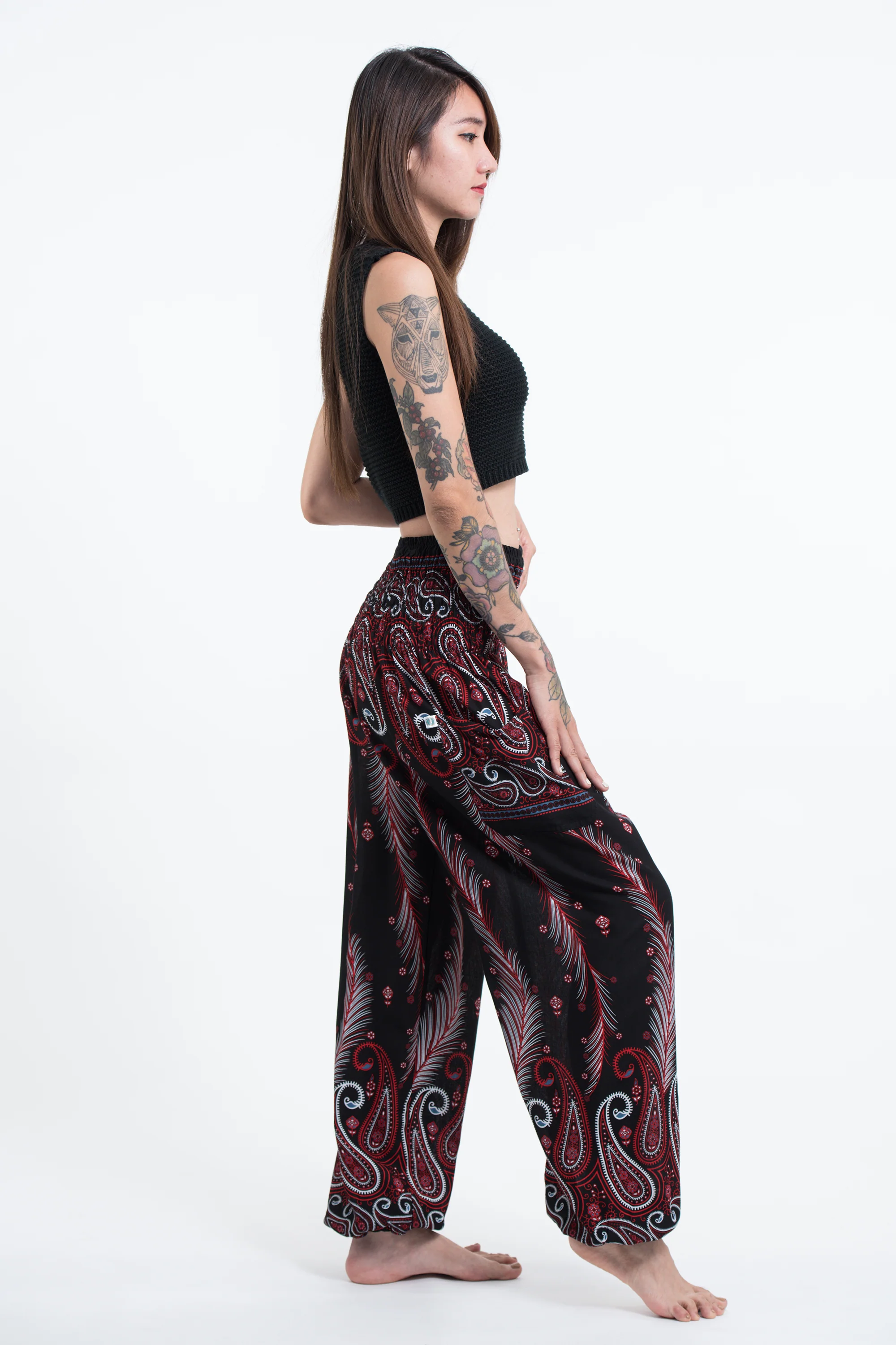 Paisley Feathers Women's Harem Pants in Black - Image 3