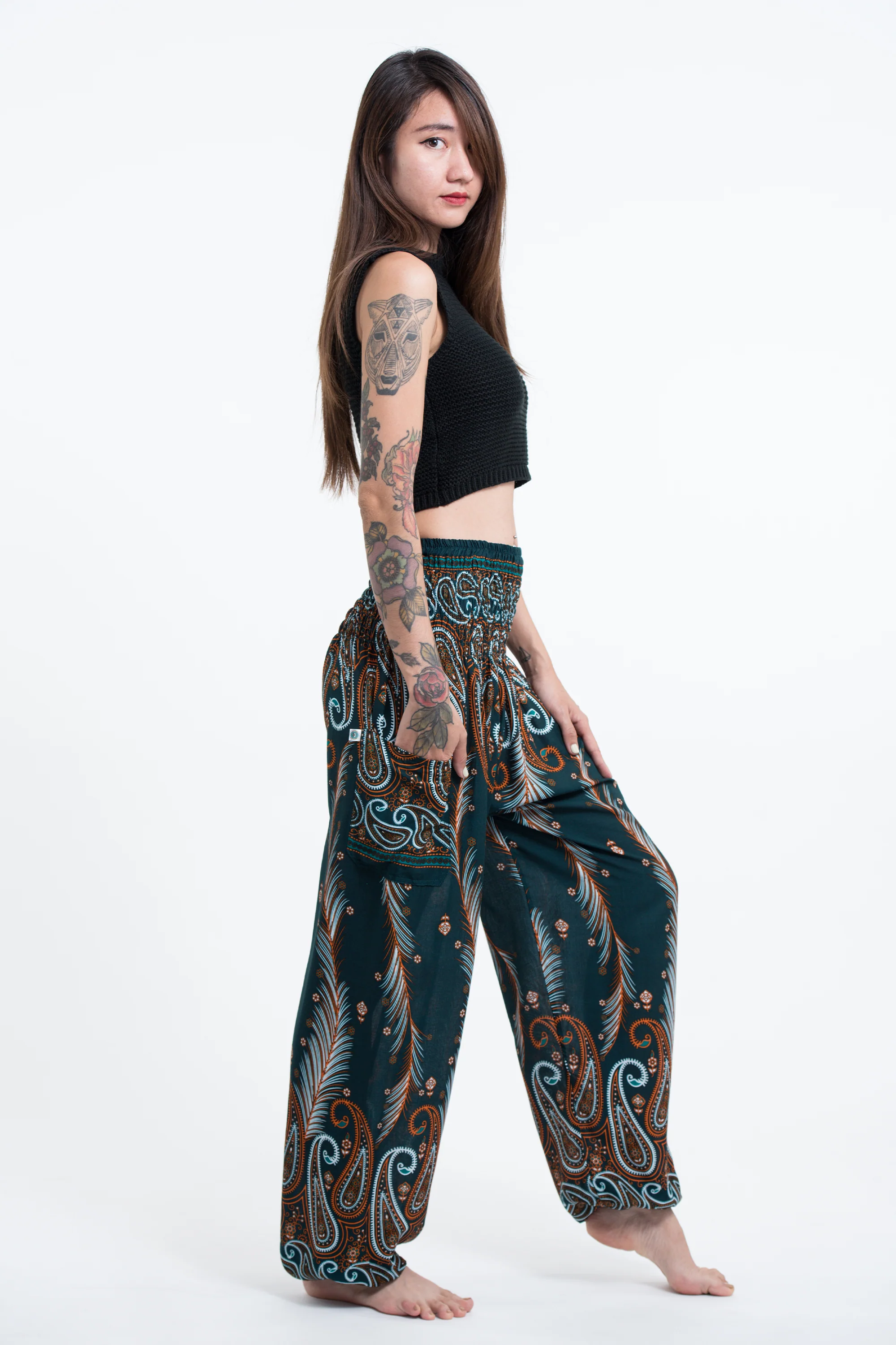 Paisley Feathers Women's Harem Pants in Green - Image 3