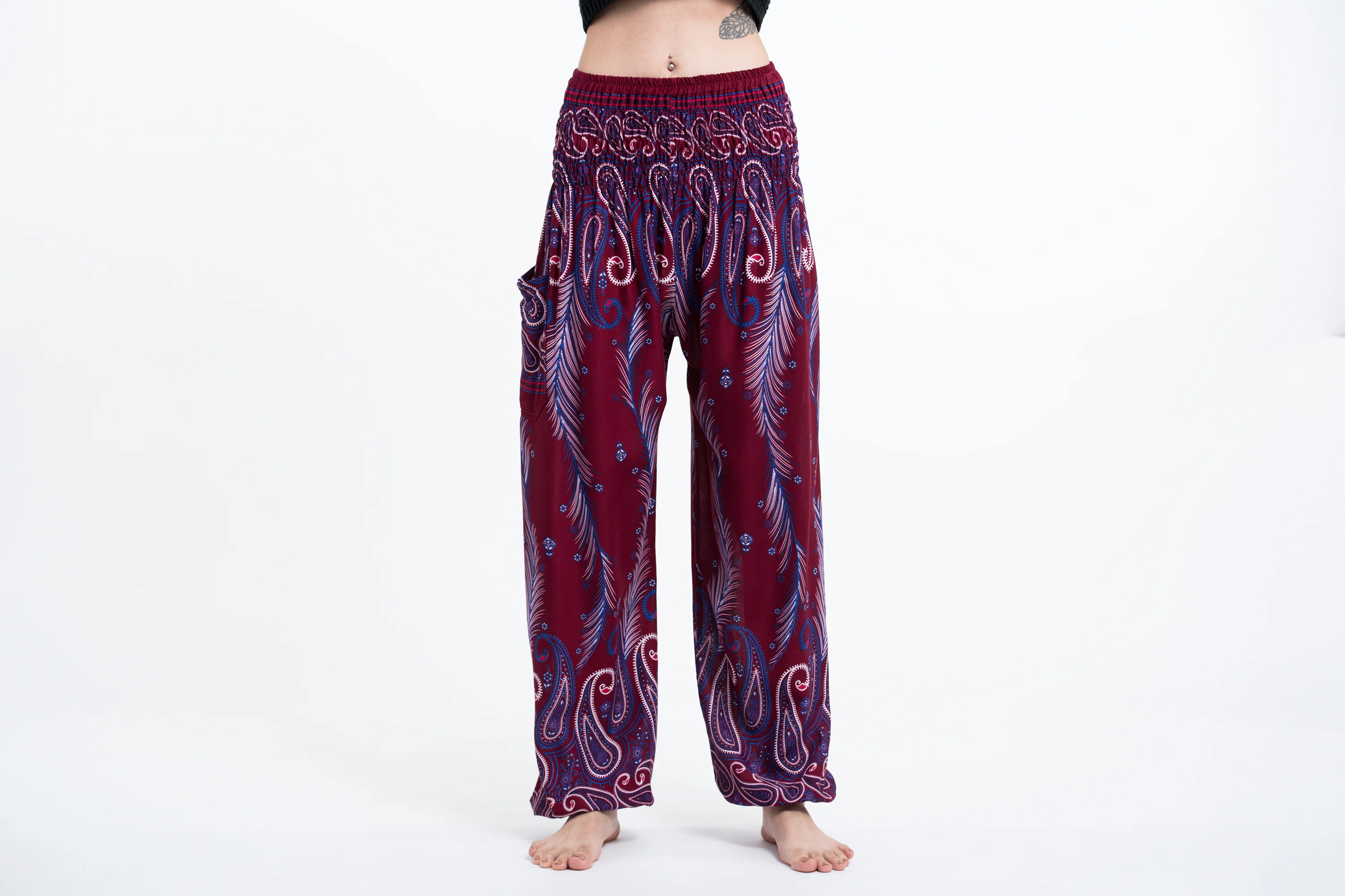 Paisley Feathers Women's Harem Pants in Red - Image 2