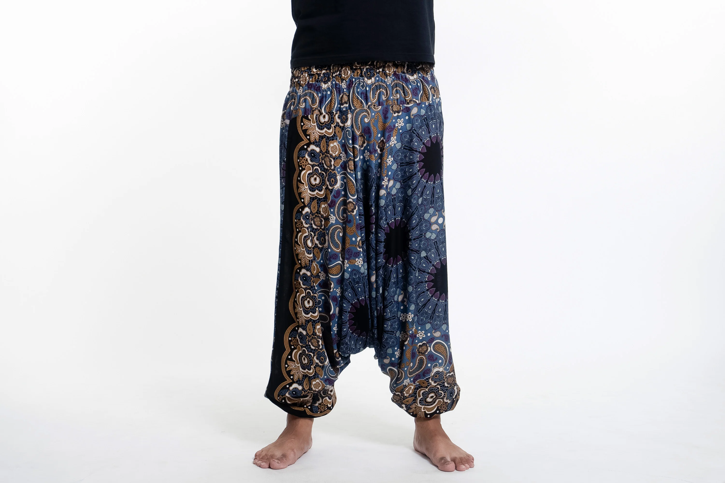 Paisley Mandalas Drop Crotch Men's Harem Pants in Blue Gray - Image 2