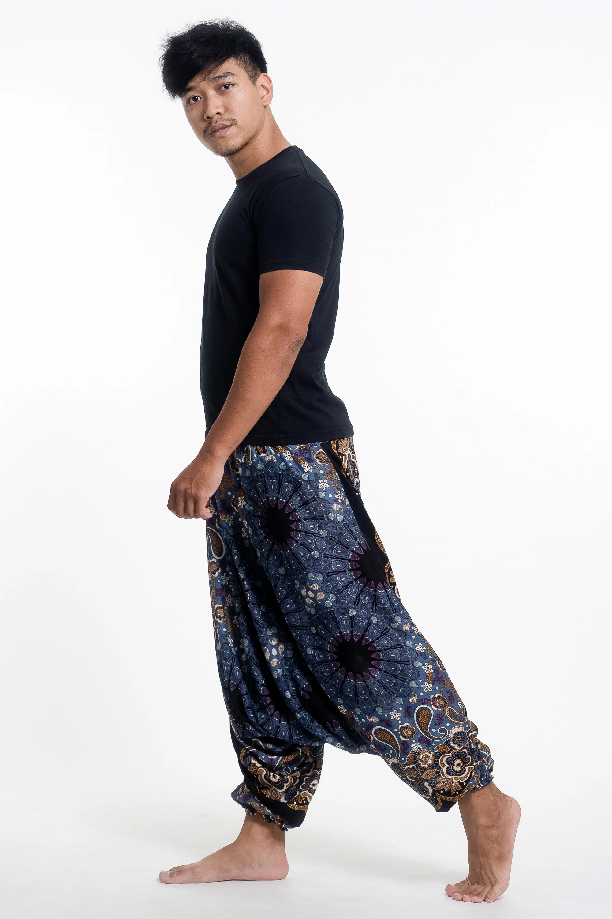 Paisley Mandalas Drop Crotch Men's Harem Pants in Blue Gray - Image 3