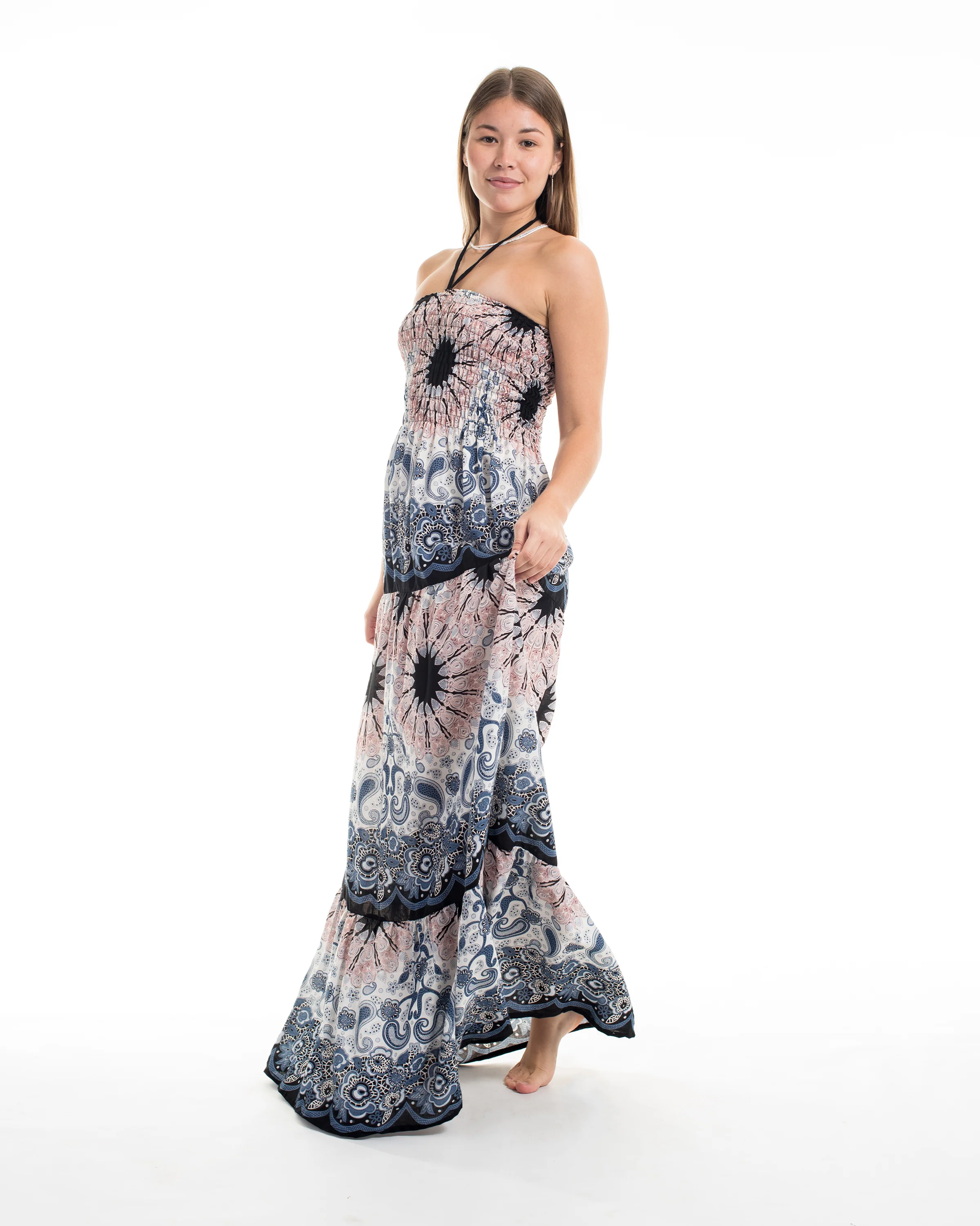 Paisley Mandalas Smocked Maxi Dress in Silver Gray - Image 3