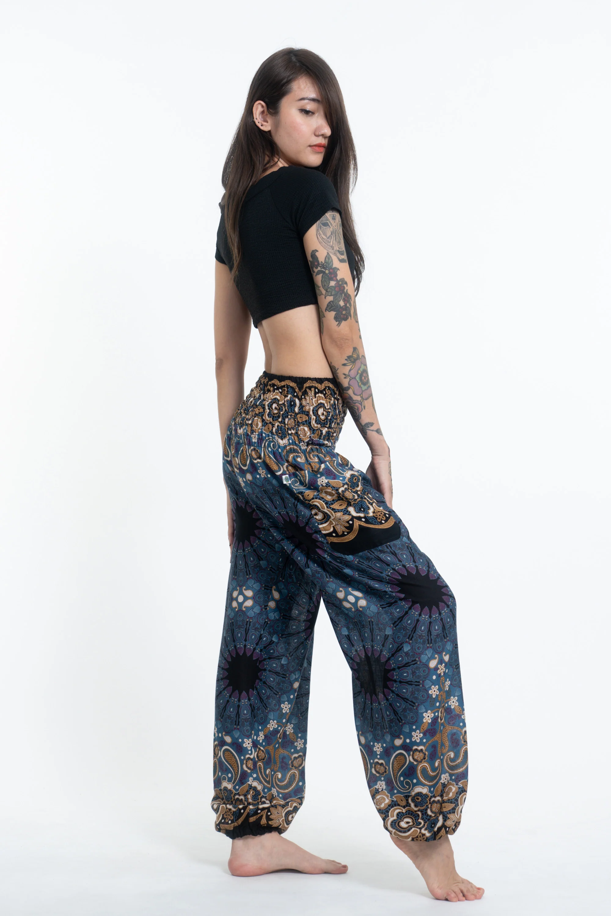Paisley Mandalas Women's Harem Pants in Blue Gray - Image 3