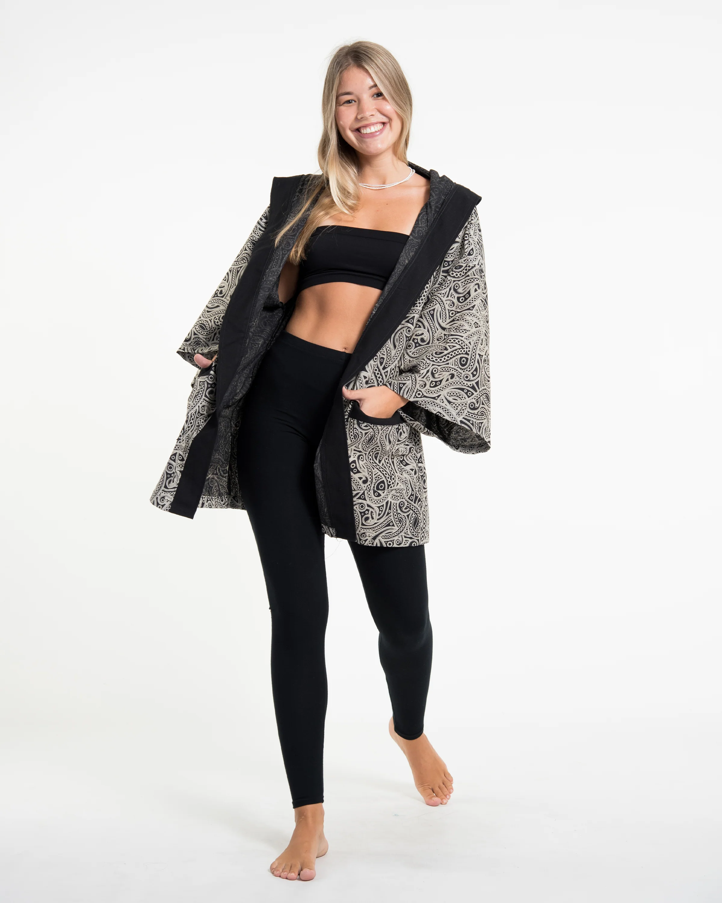 Paisley Print Cotton Hoodie Kimono Cardigan in Black - Image 4