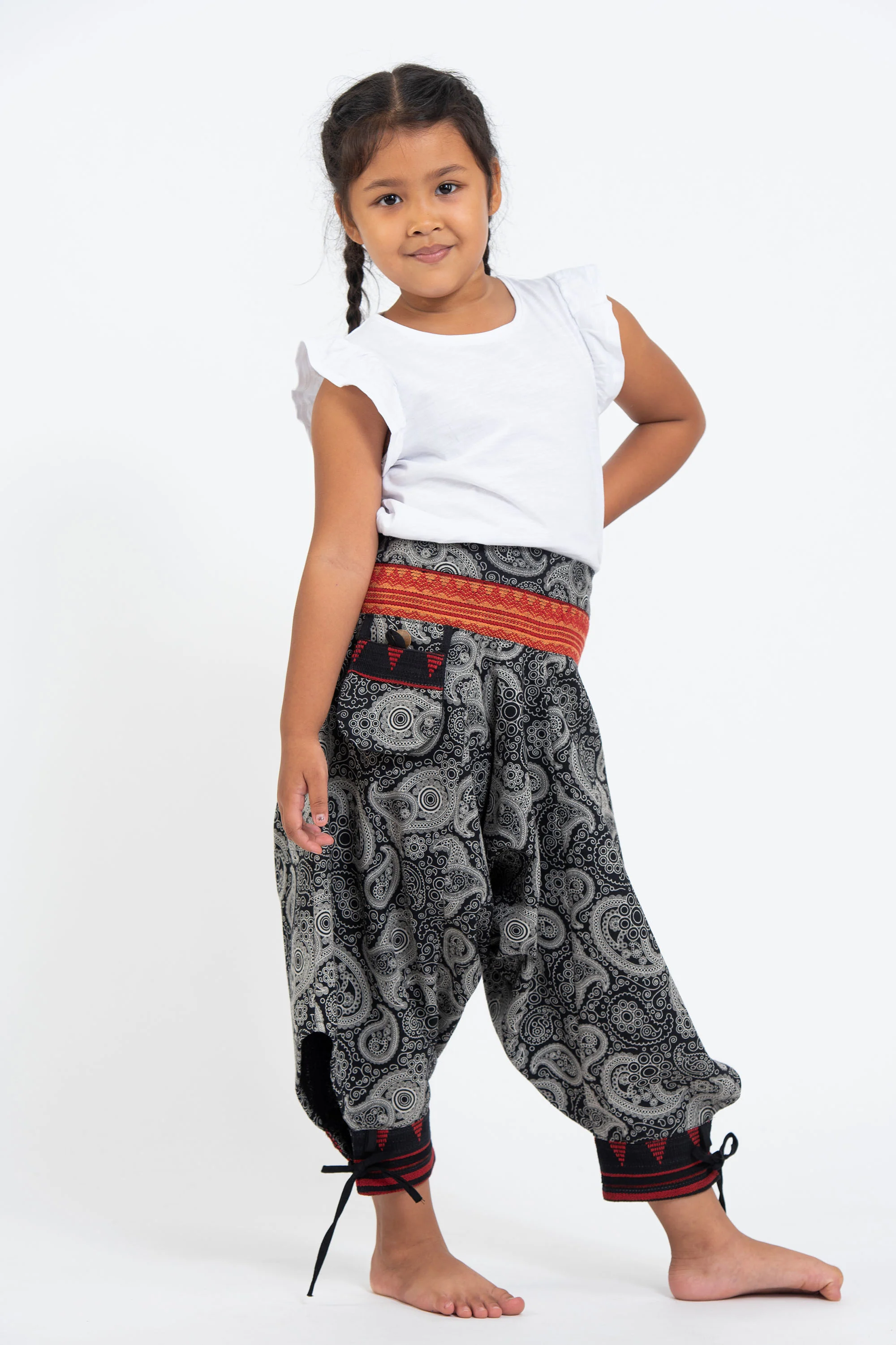 Paisley Thai Hill Tribe Fabric Kids Harem Pants with Ankle Straps in Black - Image 3