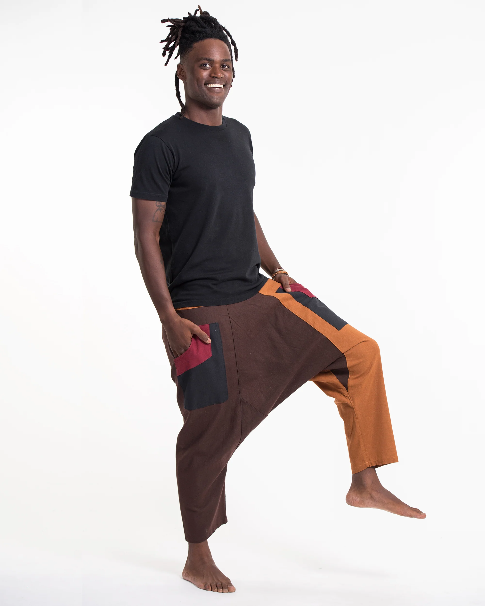 Patchwork Cotton Men's Harem Pants in Brown