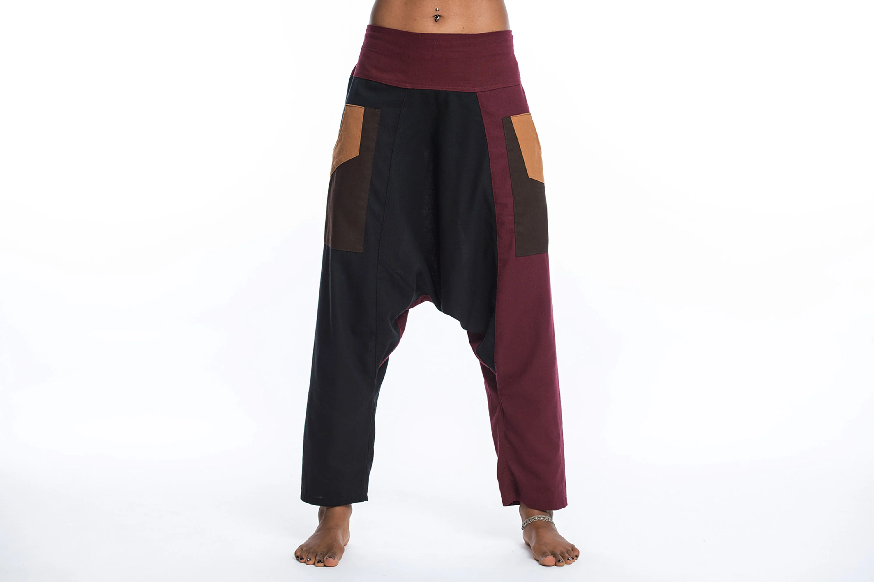 Patchwork Cotton Women's Harem Pants in Black - Image 2