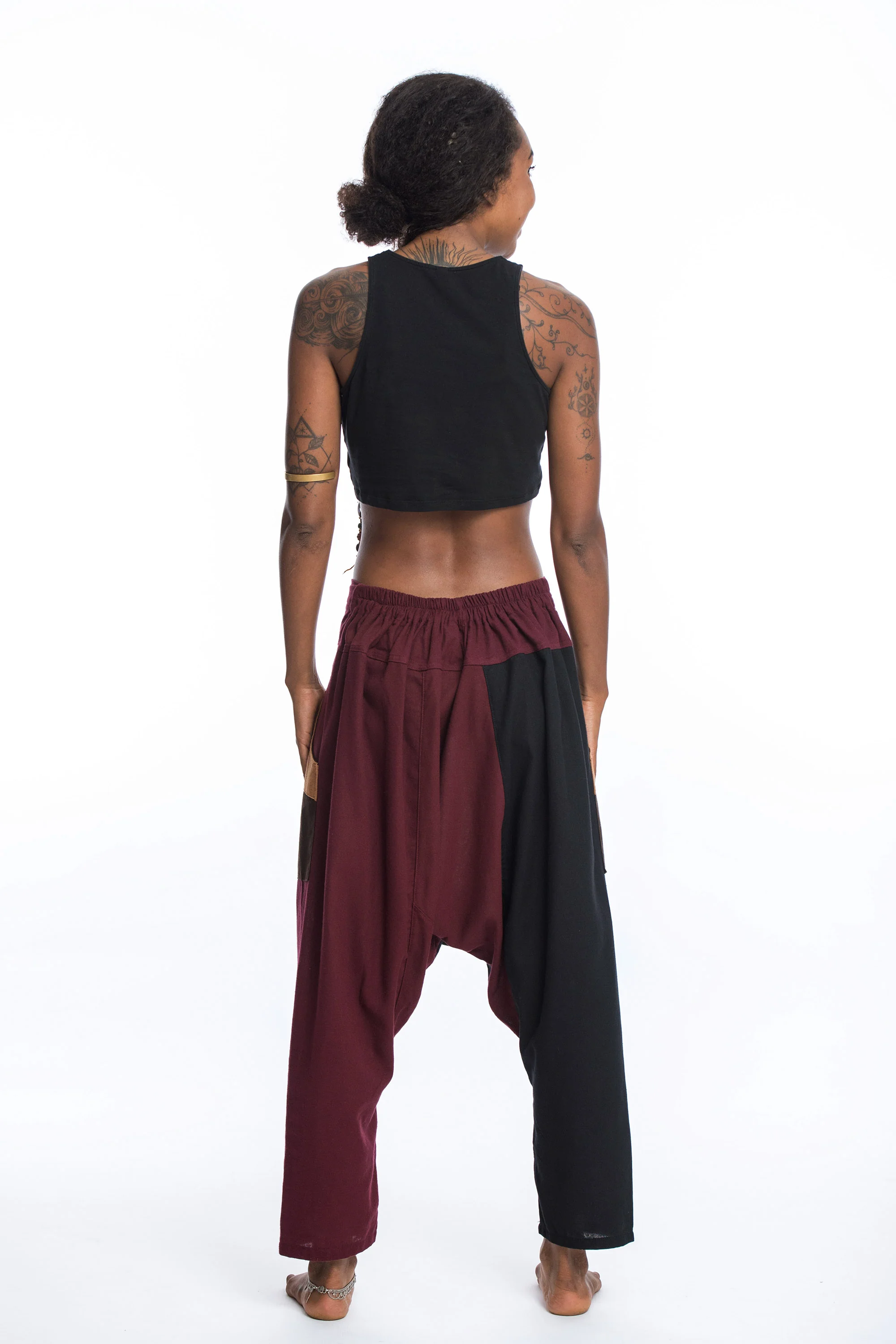 Patchwork Cotton Women's Harem Pants in Black - Image 4
