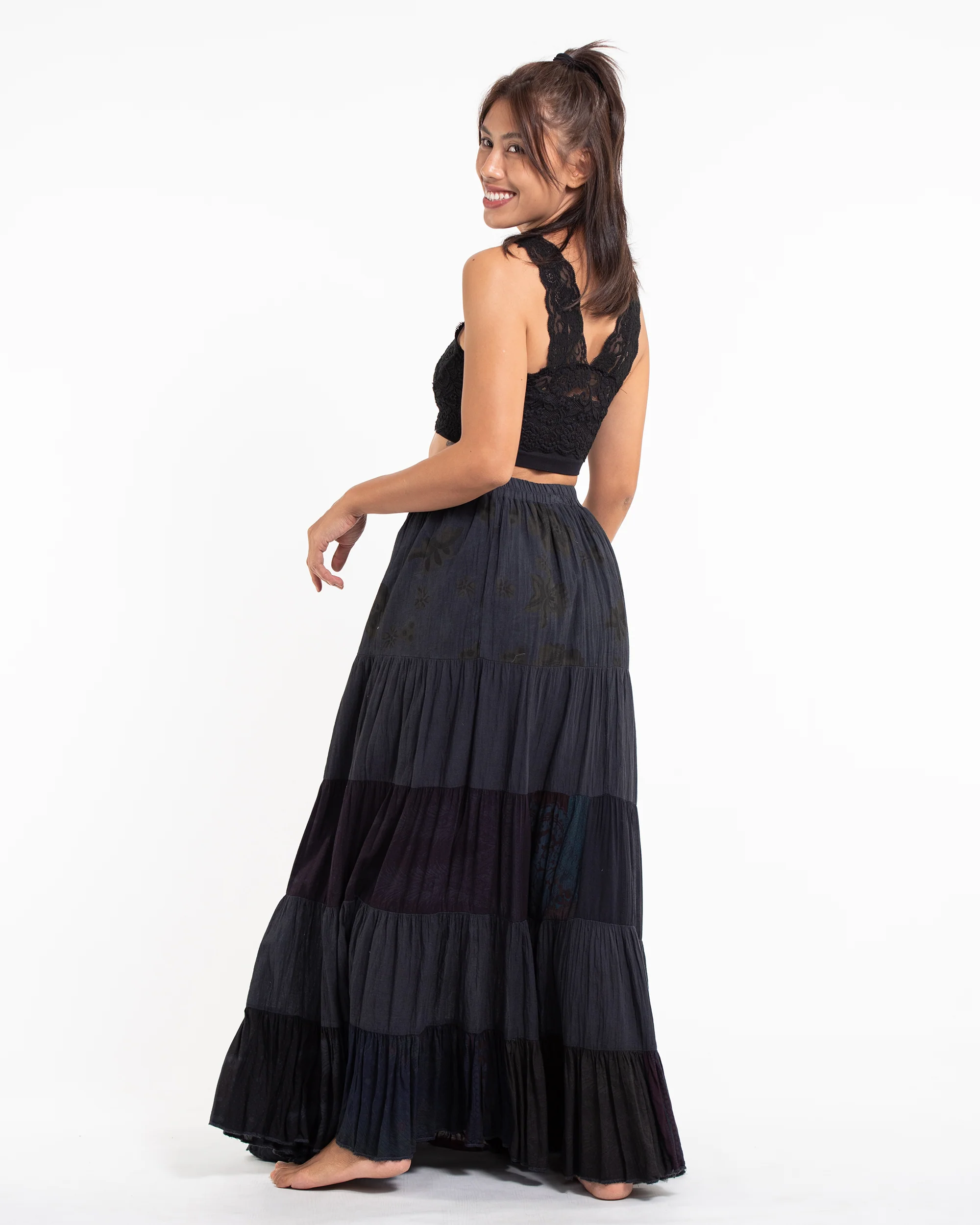 Patchwork Long Skirt in Shadow Black - Image 4