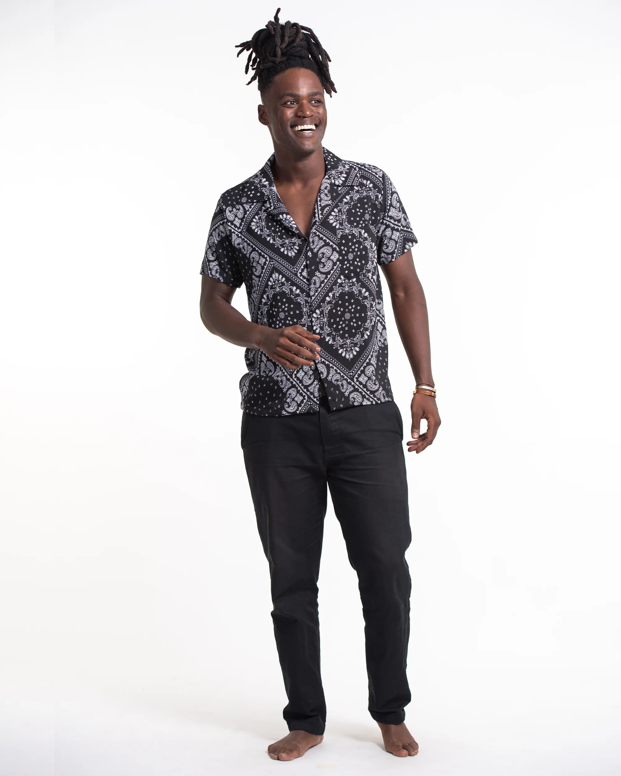 Patchwork Paisley Short Sleeve Button Shirt in Black - Image 3