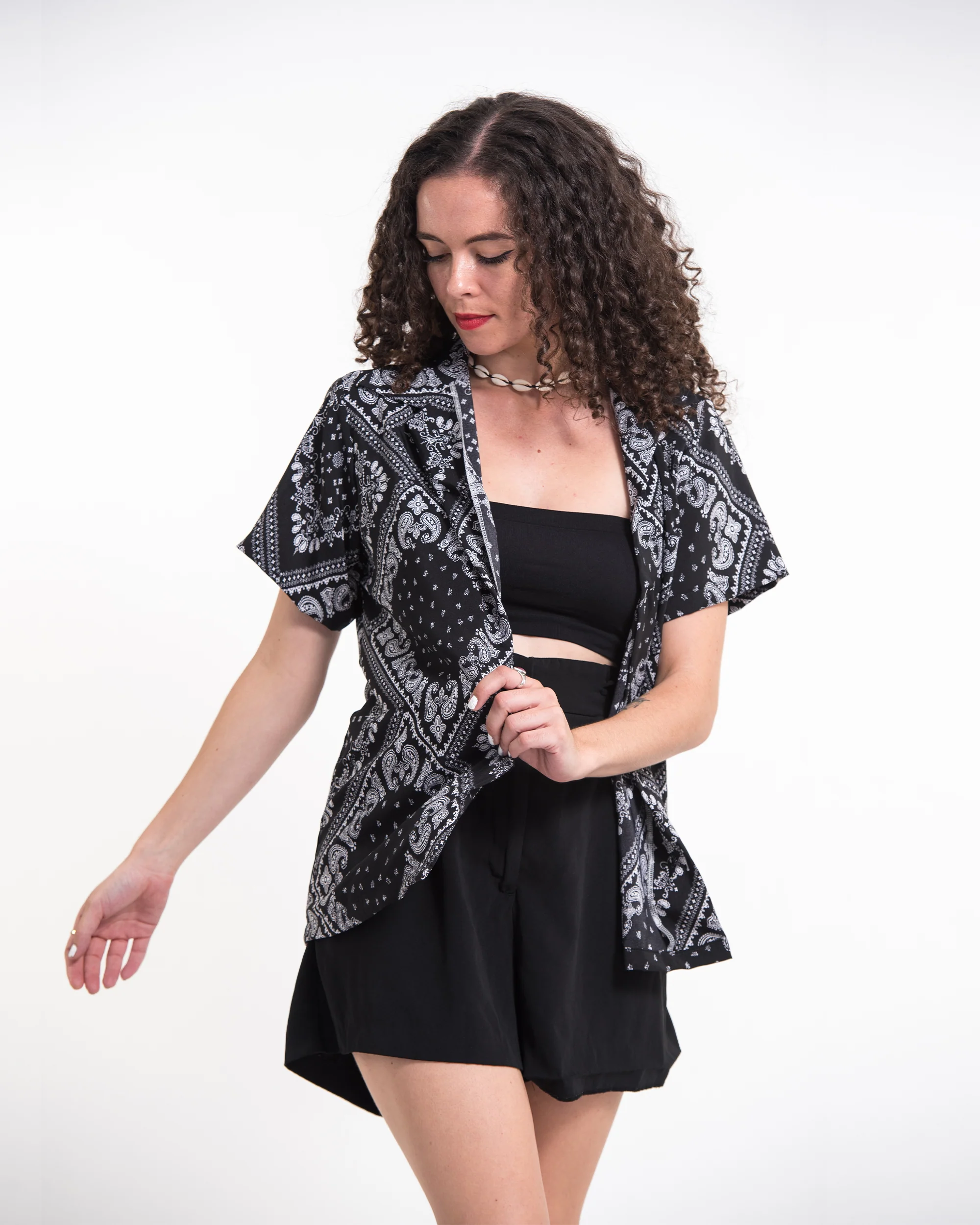 Patchwork Paisley Short Sleeve Button Shirt in Black - Image 4