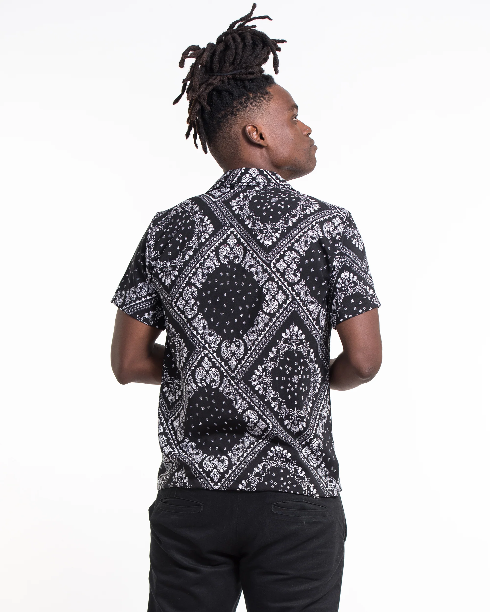 Patchwork Paisley Short Sleeve Button Shirt in Black - Image 5