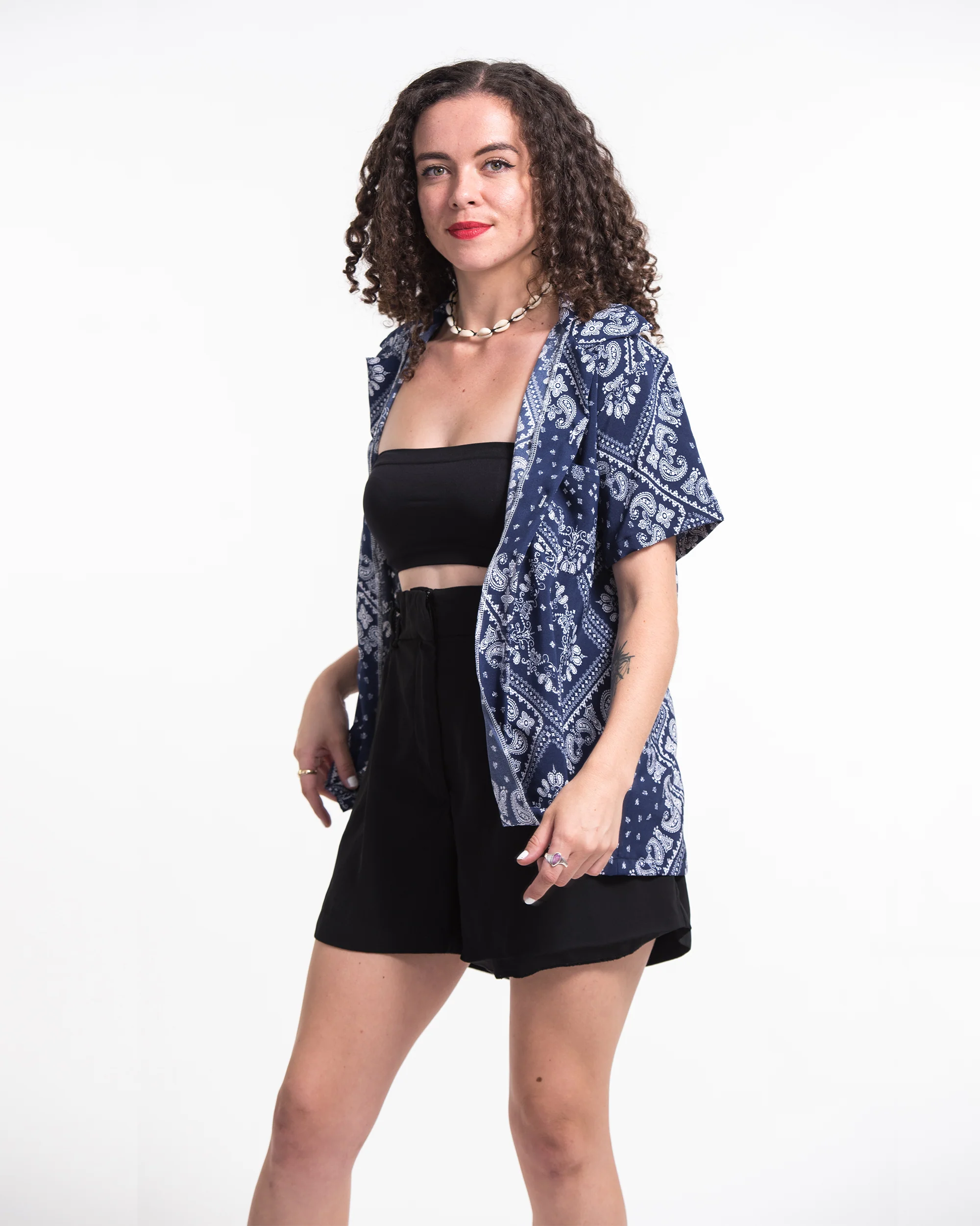Patchwork Paisley Short Sleeve Button Shirt in Navy - Image 3