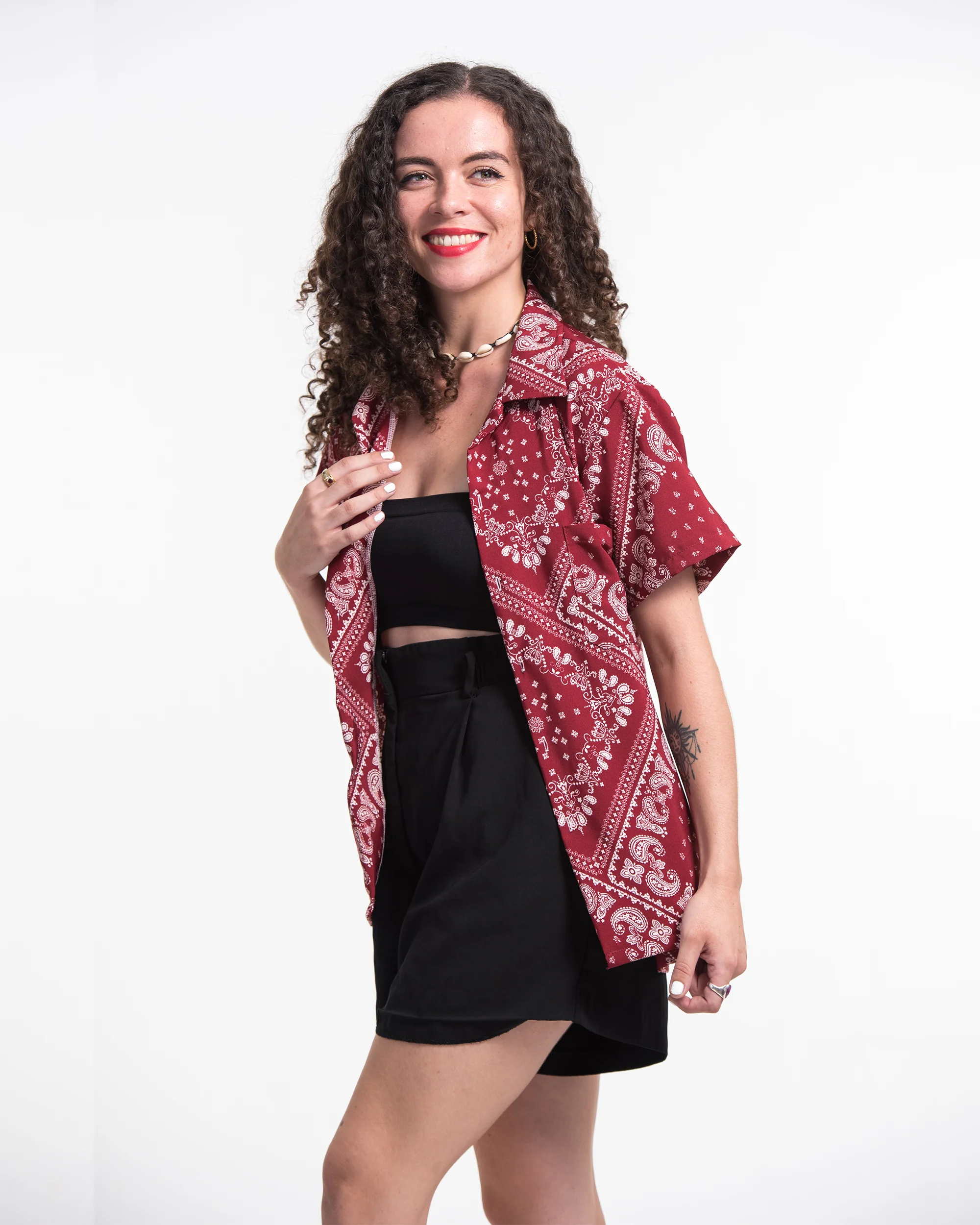 Patchwork Paisley Short Sleeve Button Shirt in Red - Image 3