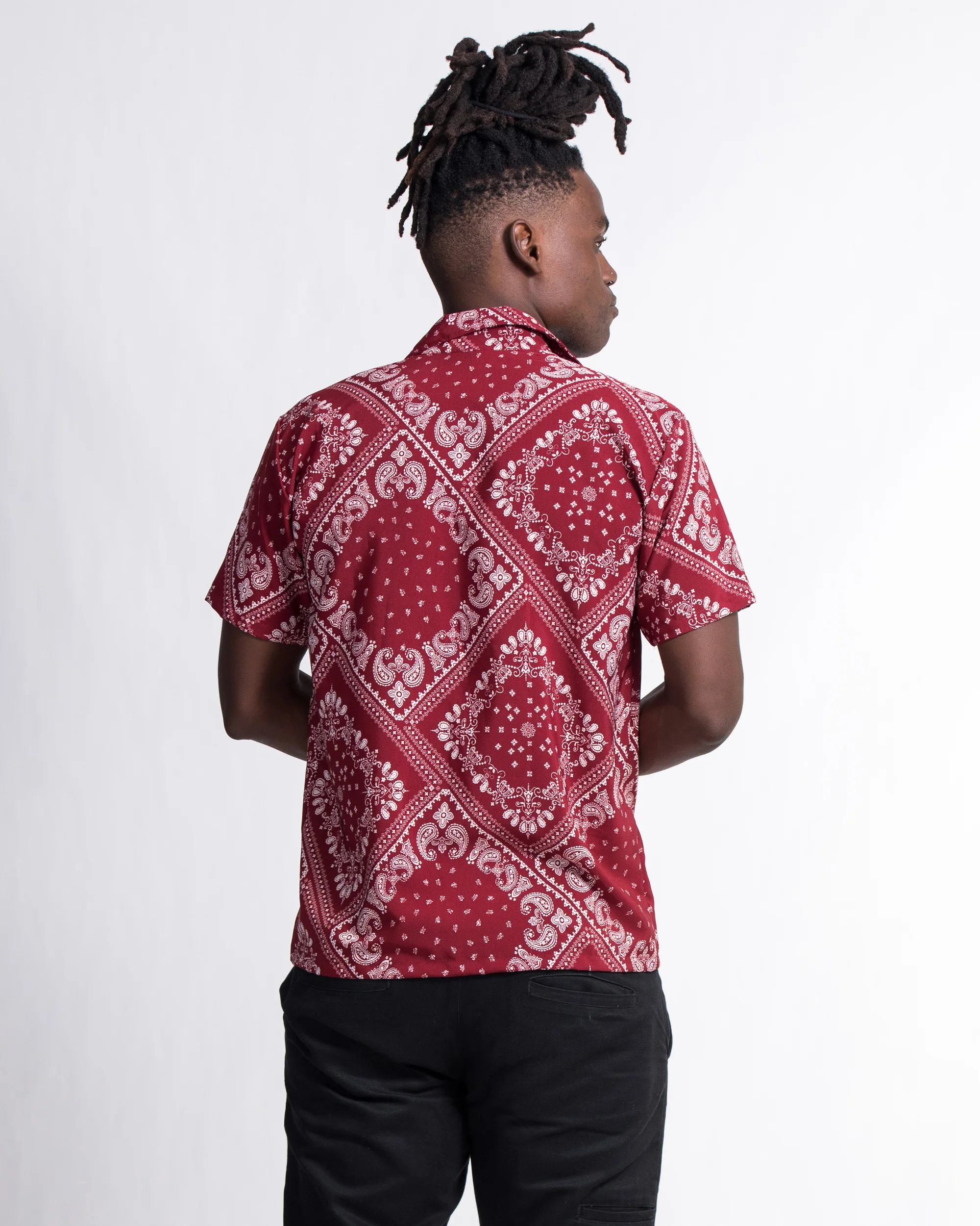 Patchwork Paisley Short Sleeve Button Shirt in Red - Image 5